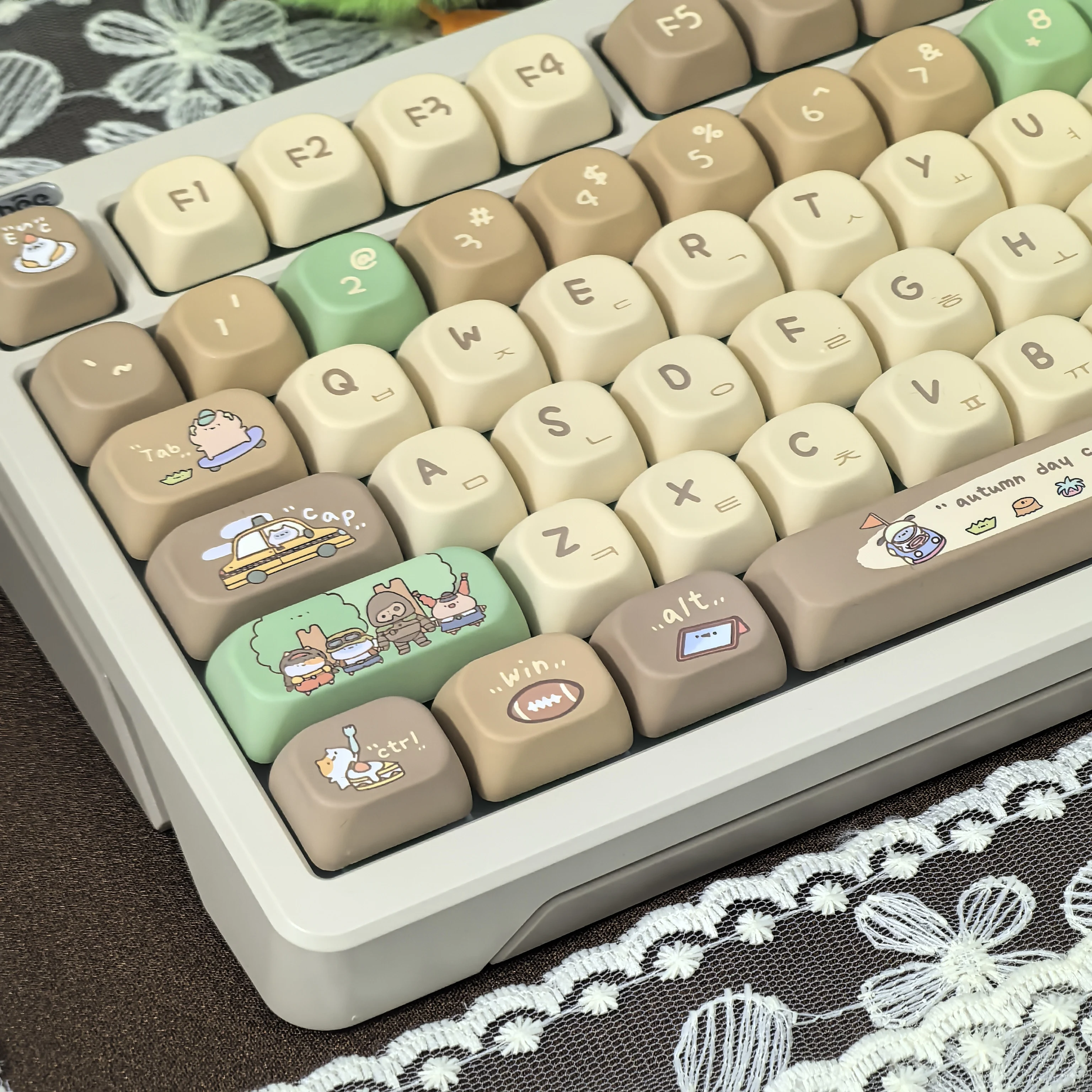 Imagem -06 - Teclado Mecânico Retro dos Desenhos Animados Keycap Redondo Marrom Verde ru Retro Keycap Leite de Feijão de Cacau Bonito Khaki Pbt Moa 127 Teclas