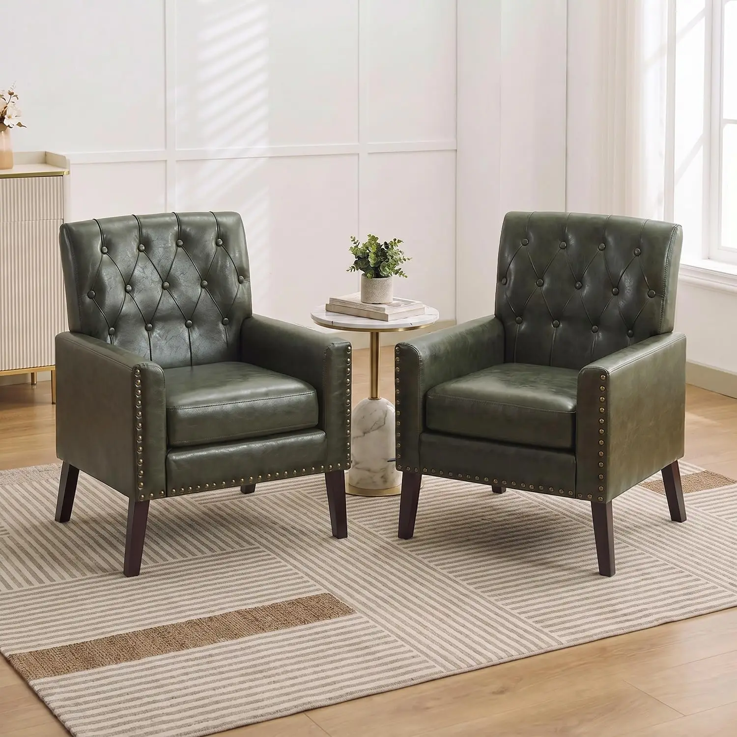 Faux Leather Accent Armchair Set 2, Button Tufted Back, Mid Century Club Chair Wood Legs Living Room Bedroom Green, Customized