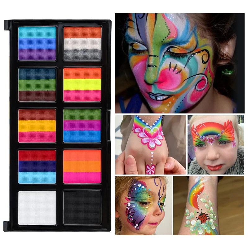 10 Grids 26 Colors Split Cake Face Body Paint Palette Water‑Based One‑Stroke Rainbow Painting Kit for Halloween Carnival Cosplay