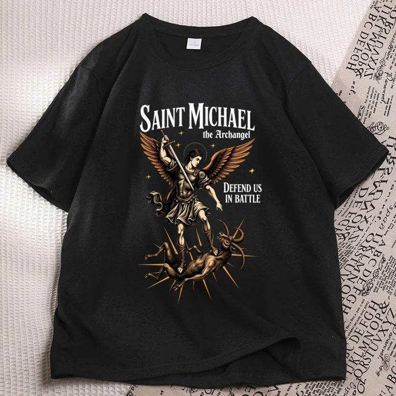 Vintage Catholic Saint T-shirt Angel Prayer Tee Gothic Cotton Short Sleeve Printed Tshirt Casual Round Neck Print Short
