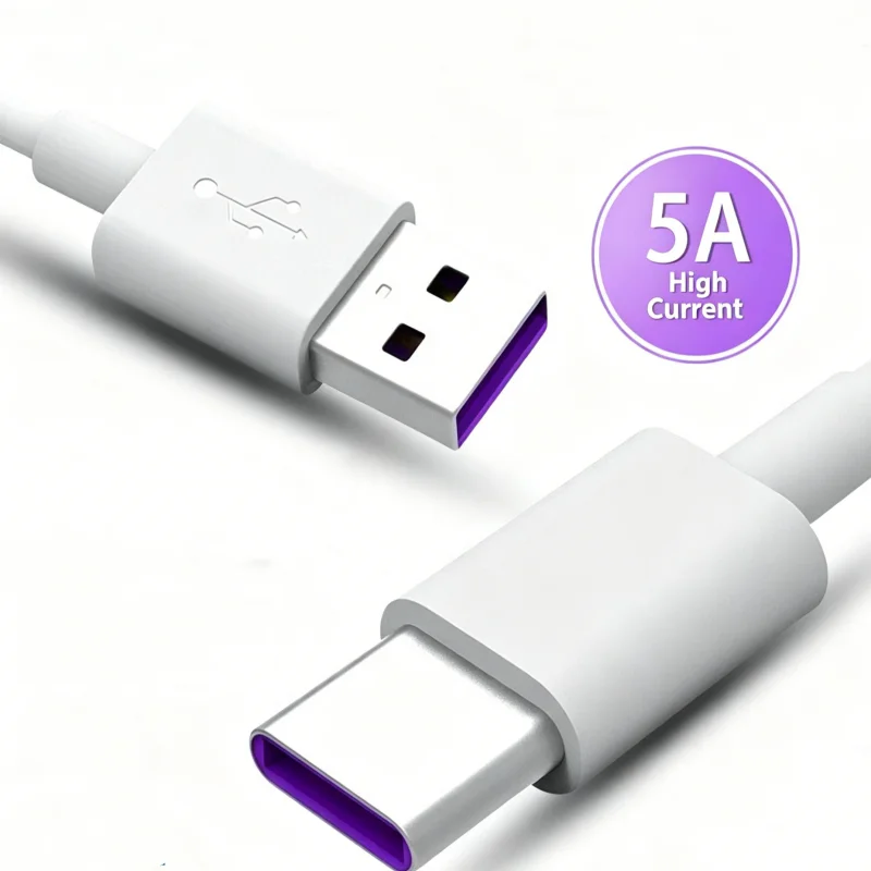 5A Fast Charging USB A to Type C Data Cable Purple Interface White Cord 1M 1.5M 2M For Xiaomi All Type C Android Smartphones