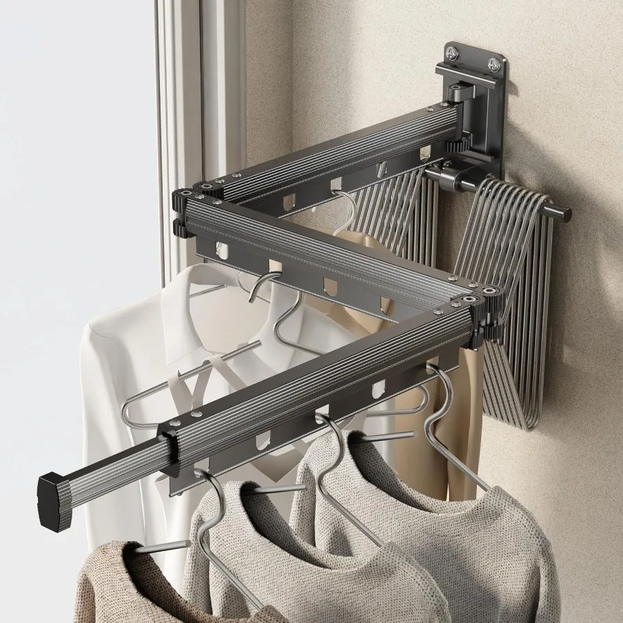 

Clothes Drying Rack Wall Mounted Laundry Drying Rack Collapsible Retractable TriFold Space Saving Laundry Hanger Dryer Rack wit