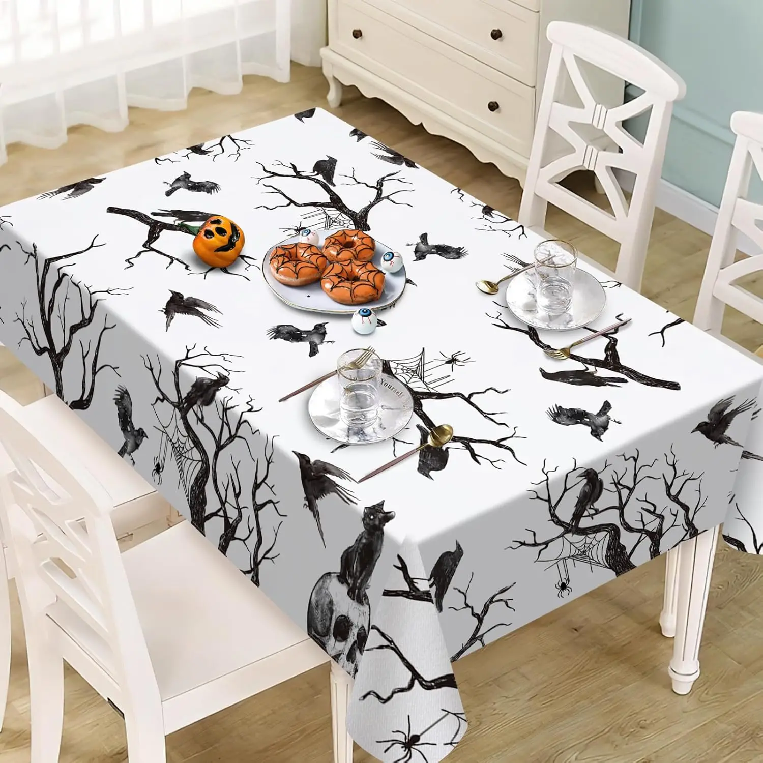 Halloween Crow Branches Rectangle Tablecloth for Table Decoration Halloween Theme Gothic Skull Black Cat Table Cloth Home Decor