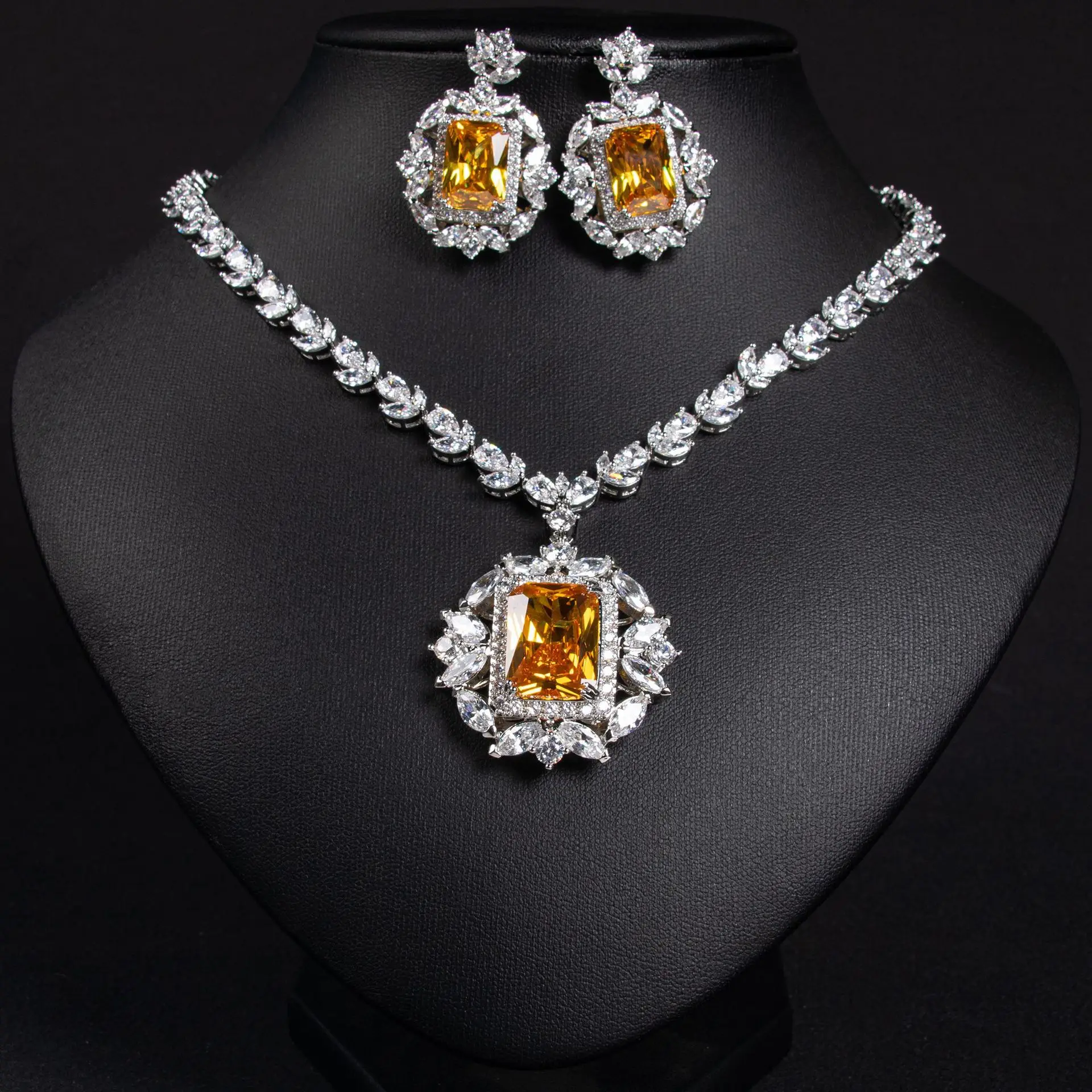 HIBRIDE New Simple Vintage Luxury Ladies Zirconia Jewellery Necklace Earrings Set Event Wedding Prom Graduation Holiday S-625