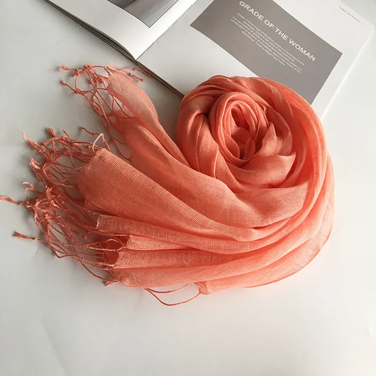 2026 Women's Burnt Orange Pure Linen Scarf with Tassels 100% Linen Breathable Shawl Wrap Japan Fashion Long Neck Scarves