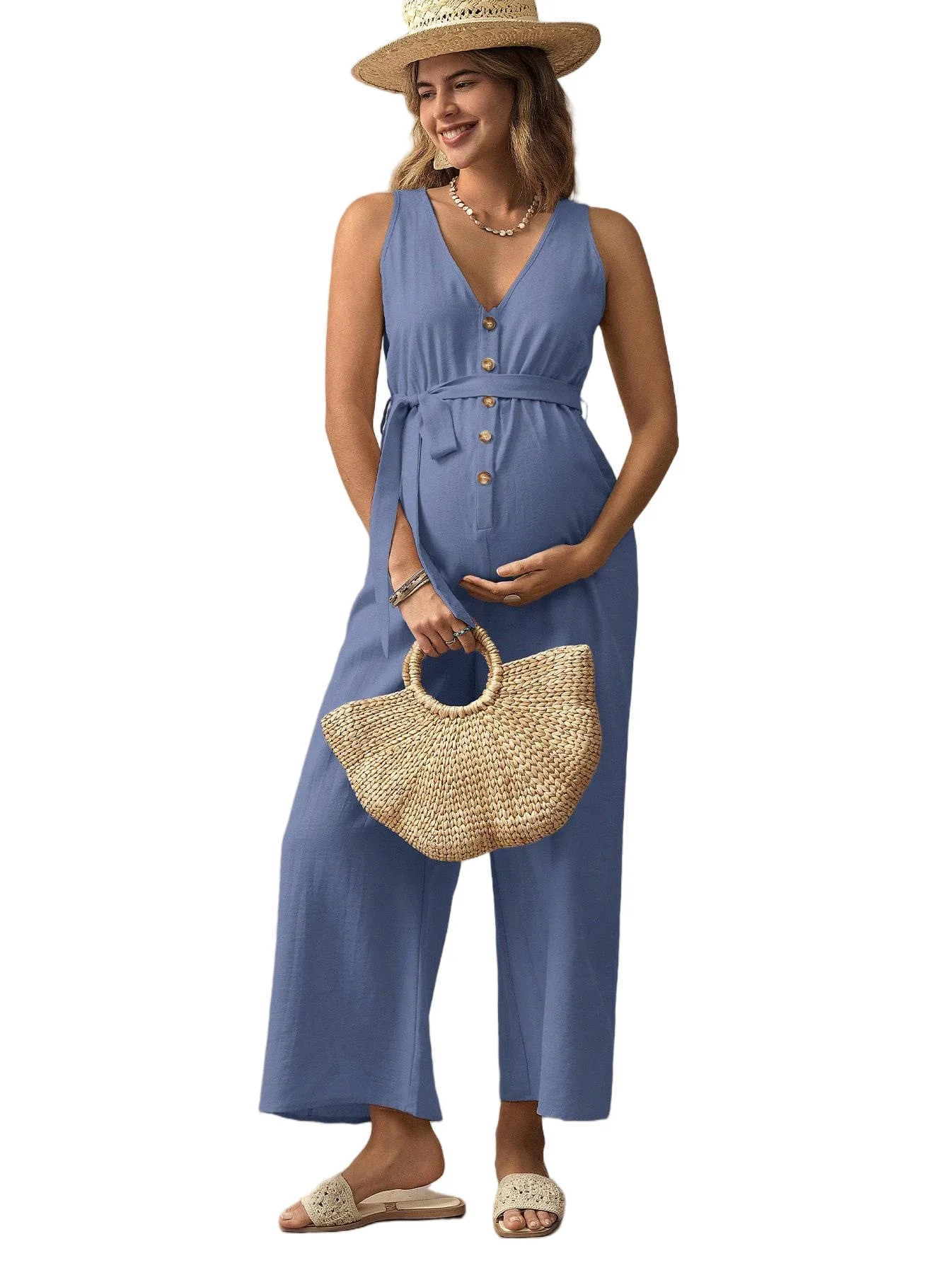 ملابس حمل الحمالة بانت بنطلون فضفاض عادية النساء الحوامل أكمام الخامس الرقبة السروال القصير بذلة طويلة ملابس الحمل