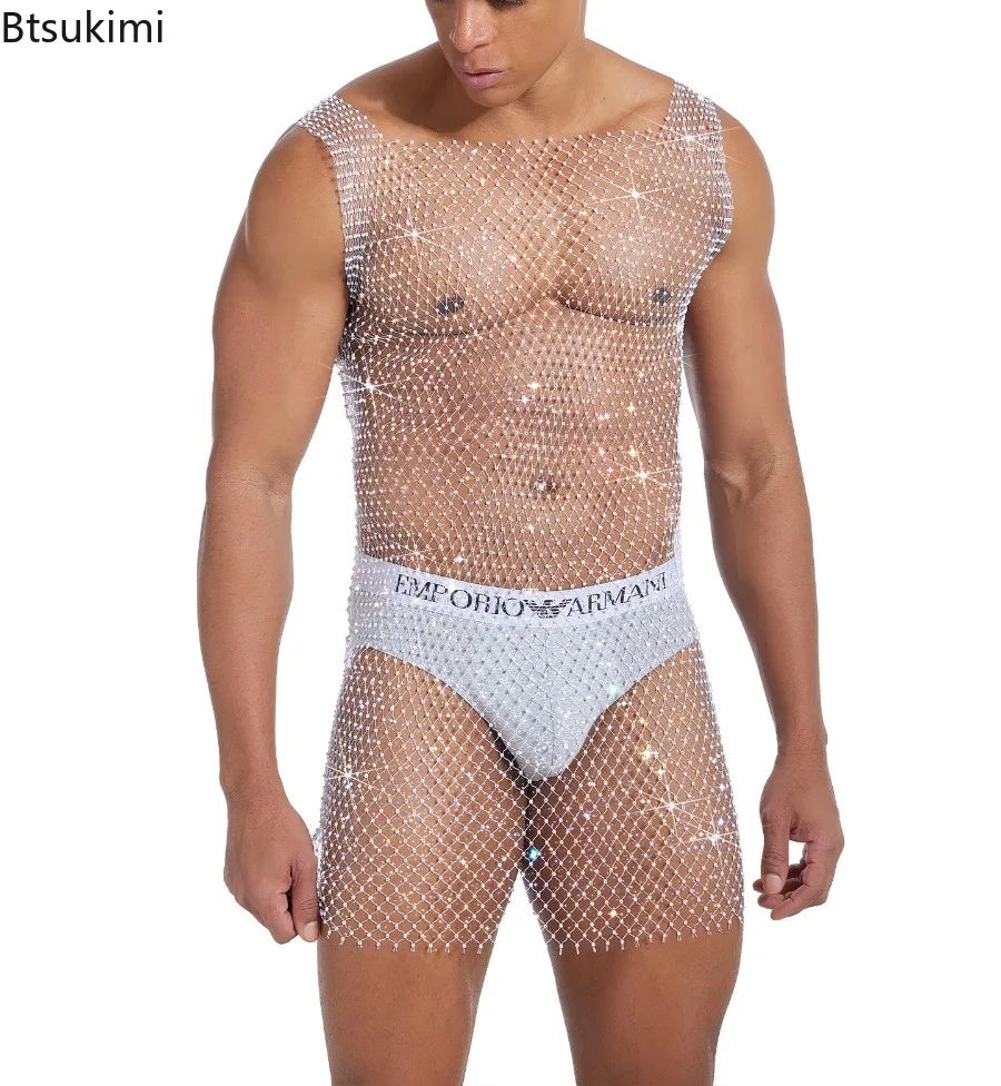 New Men's Transparent Fishnet Crop Top Mesh Hollow Out Tank Tops Gym Fitness Sleeveless Undershirts T-shirts Nightclub Long Vest