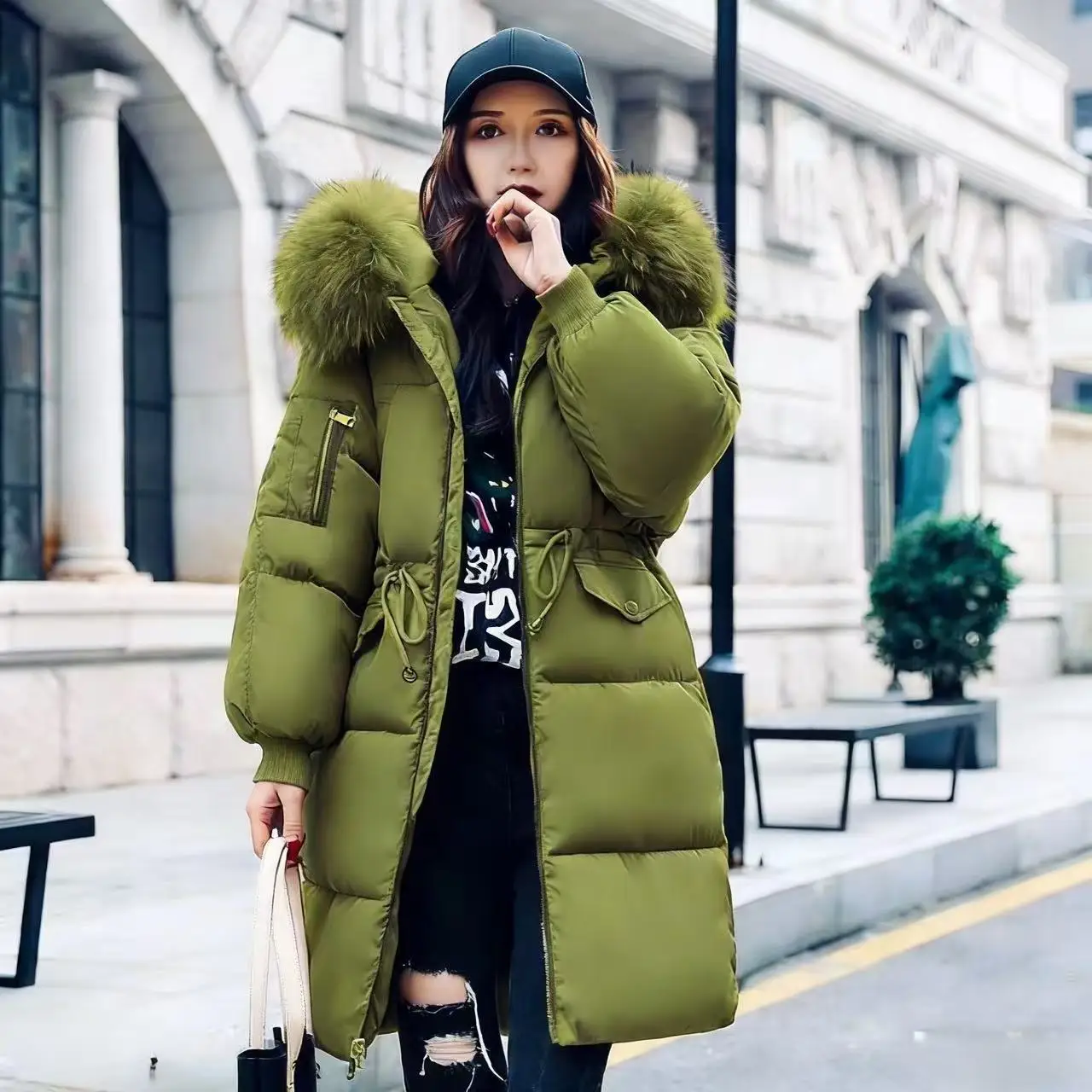 Korean Fashion Winter Solid Color Long-sleeved Down Cotton Jacket Women Bread Fur Collar 2026 New Korean Version Thickened Coat