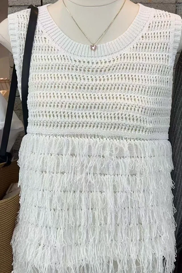 Trendy Women Navy Blue Sleeveless Crochet Top Hollow Out Fringe Peplum Hem Blouse Summer Vacation Daily Wear