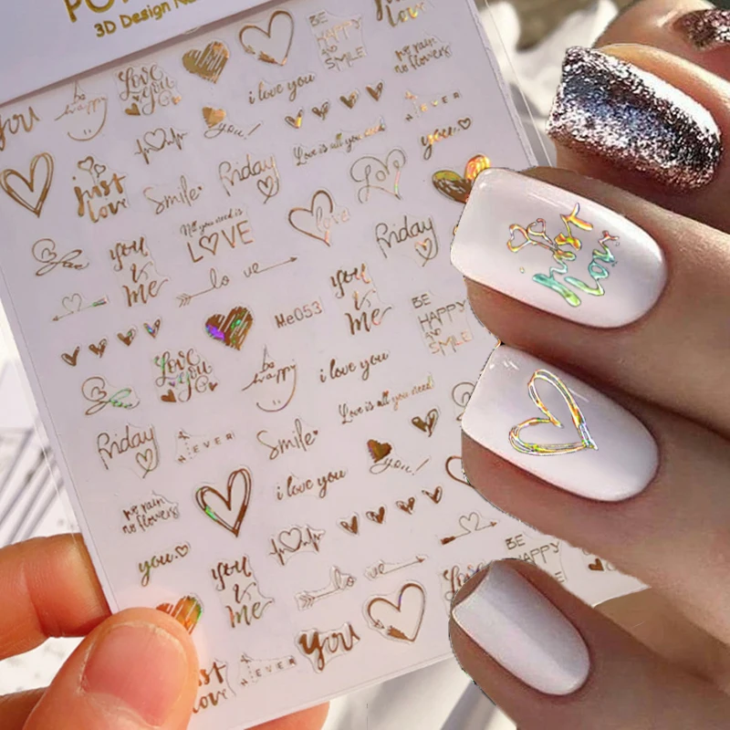 

3d Nail Art Stickers Laser Gold Love Hearts Arrow Valentine Day Letters Adhesive Sliders Decals Decorated For Nail Manicure