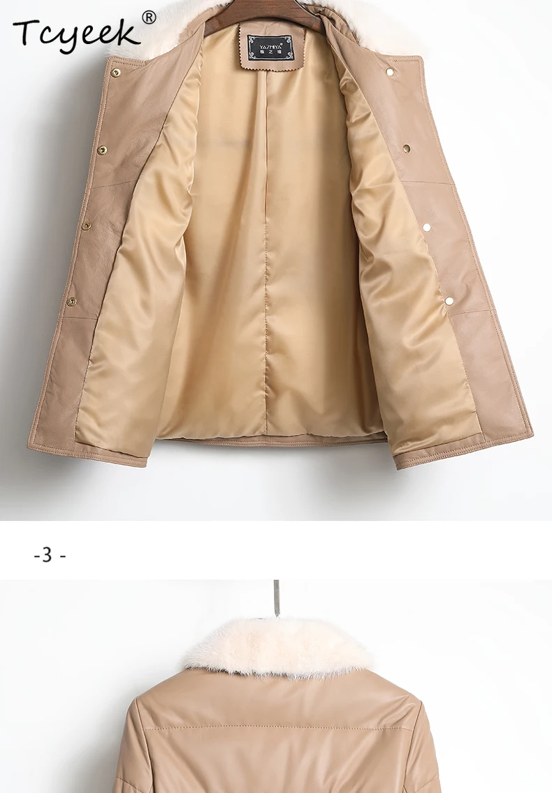 Tcyeek جلد الغنم الحقيقي الخريف الشتاء ساحة طوق بأكمام طويلة سميكة فرو المنك طوق متوسطة طويلة المرأة الأبيض بطة أسفل سترة