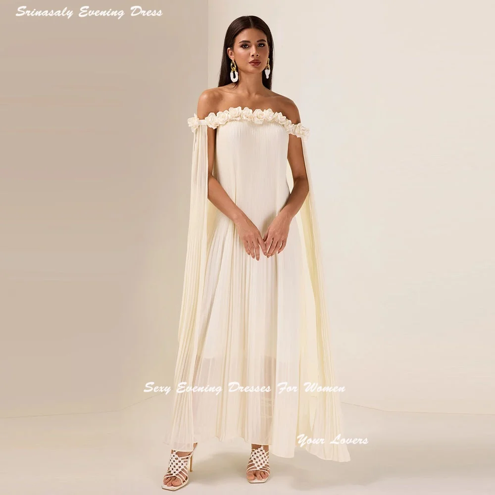 

3d Flower Chiffon Off-Shoulder Pleat Maxi Dress Customized Evening Dresses Ankle-Length Bare Neck Платье Вечернее