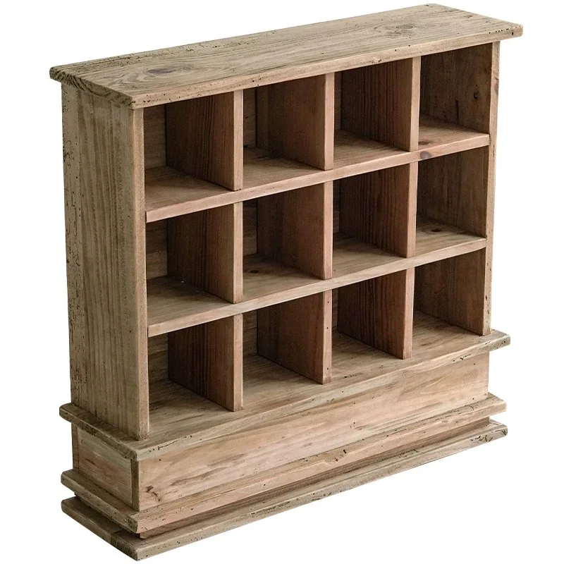 Rustic Pine Wood Display Shelf, 12-Compartment Tea Cup Storage Rack,Natural Wood Finish Organizer, 24.6x7.1x23.2inch