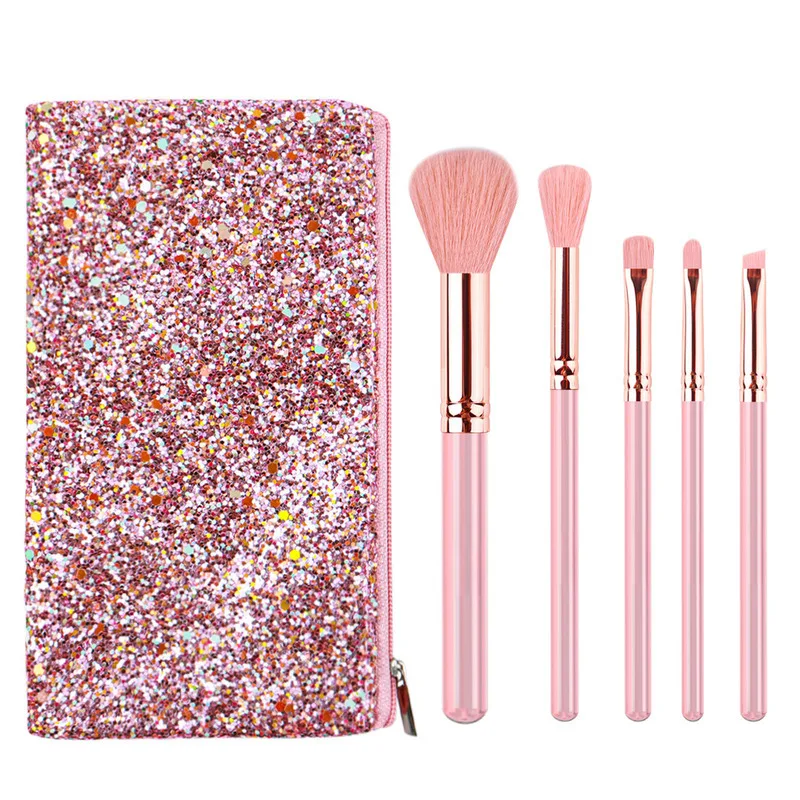 Zoreya Mini nuovo set di pennelli per trucco ombretto da 5 pezzi con manico trasparente rosa portatile