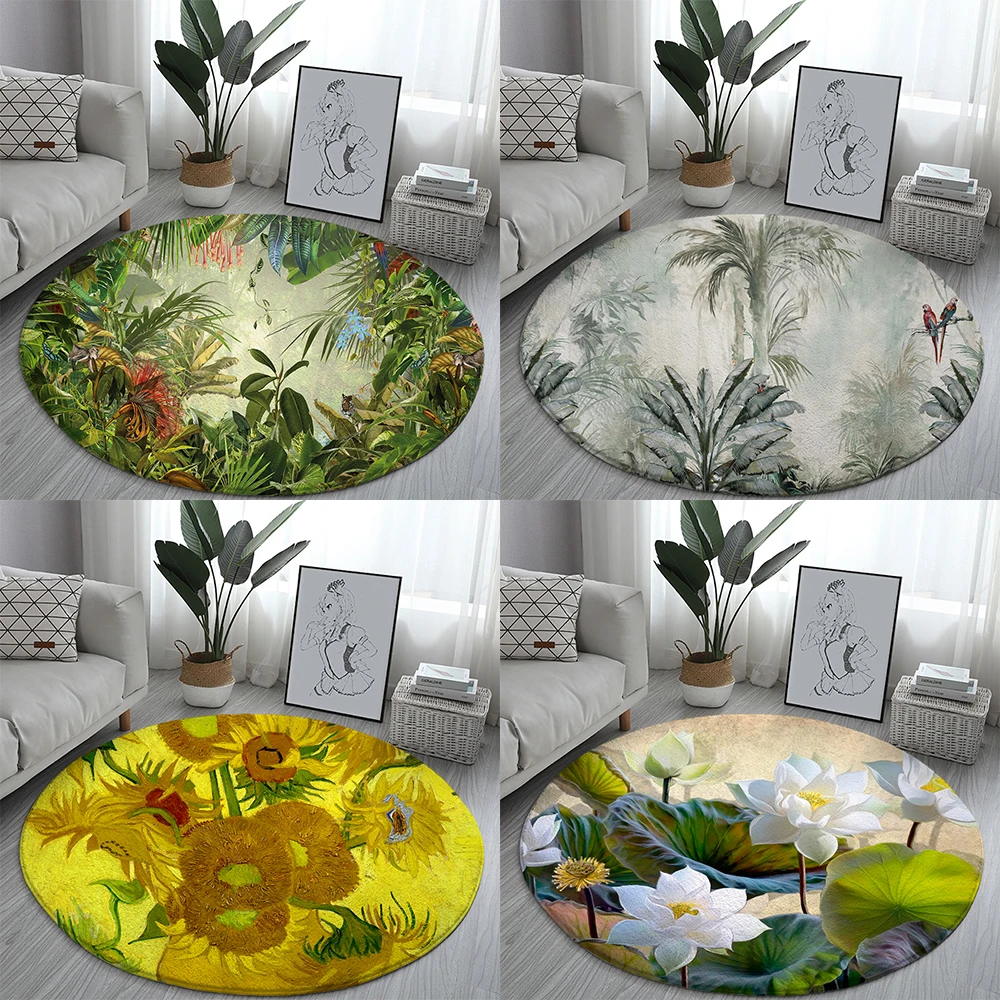 Lotus Tropical Jungle Landscape Pattern Circular Carpet Van Gogh Home Living Room Sofa Bedroom Bathroom Decoration 