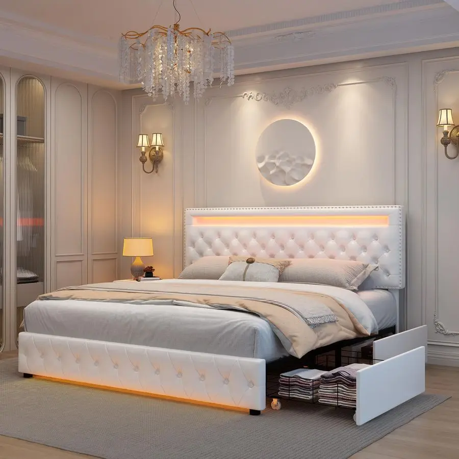 Base de Cama Queen con Luces LED, 4 Cajones de Almacenamiento, Cabecera LED Ajustable, Luces con Control Remoto y por Aplicación, Plataforma Tapizada de Felpa