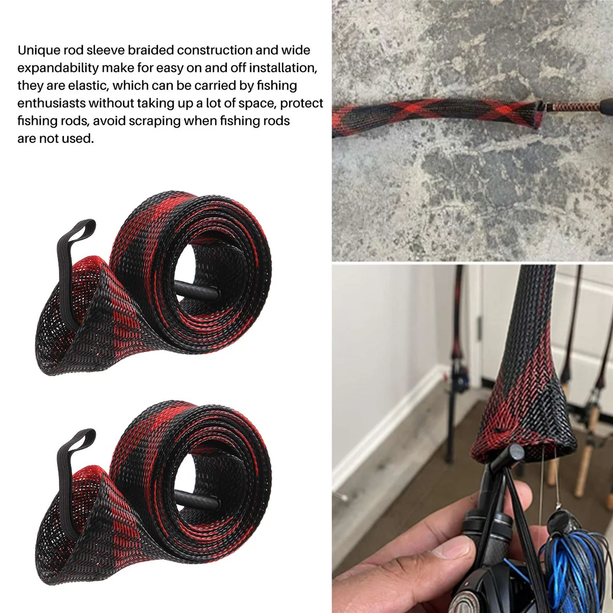 SMIEA 8Pcs Fishing Rod Sleeve Sock,Fishing Rod Cover Scalable Braided Mesh Rod Sleeve Fishing Tools Accessories with Lanyard