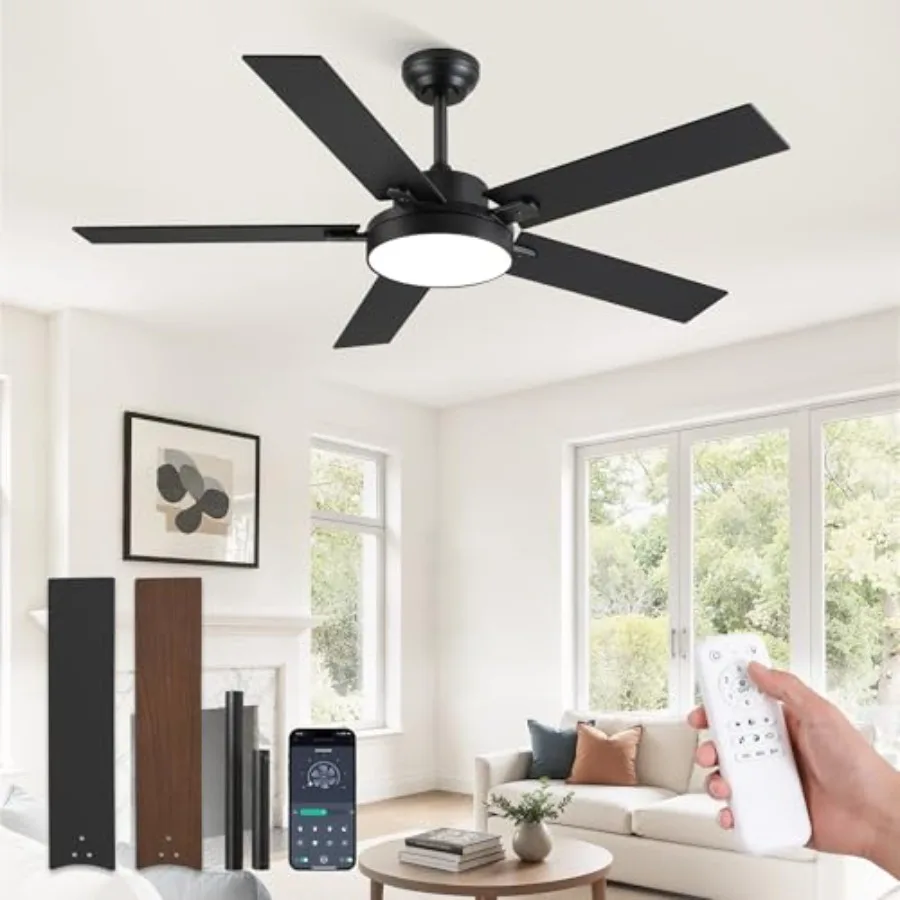 

52 Inch Ceiling Fans with Lights for Living Room Bedroom Kitchen, Black Metal Modern Fan with 6 Speeds 3CCT Dimmable 30W LED Qu
