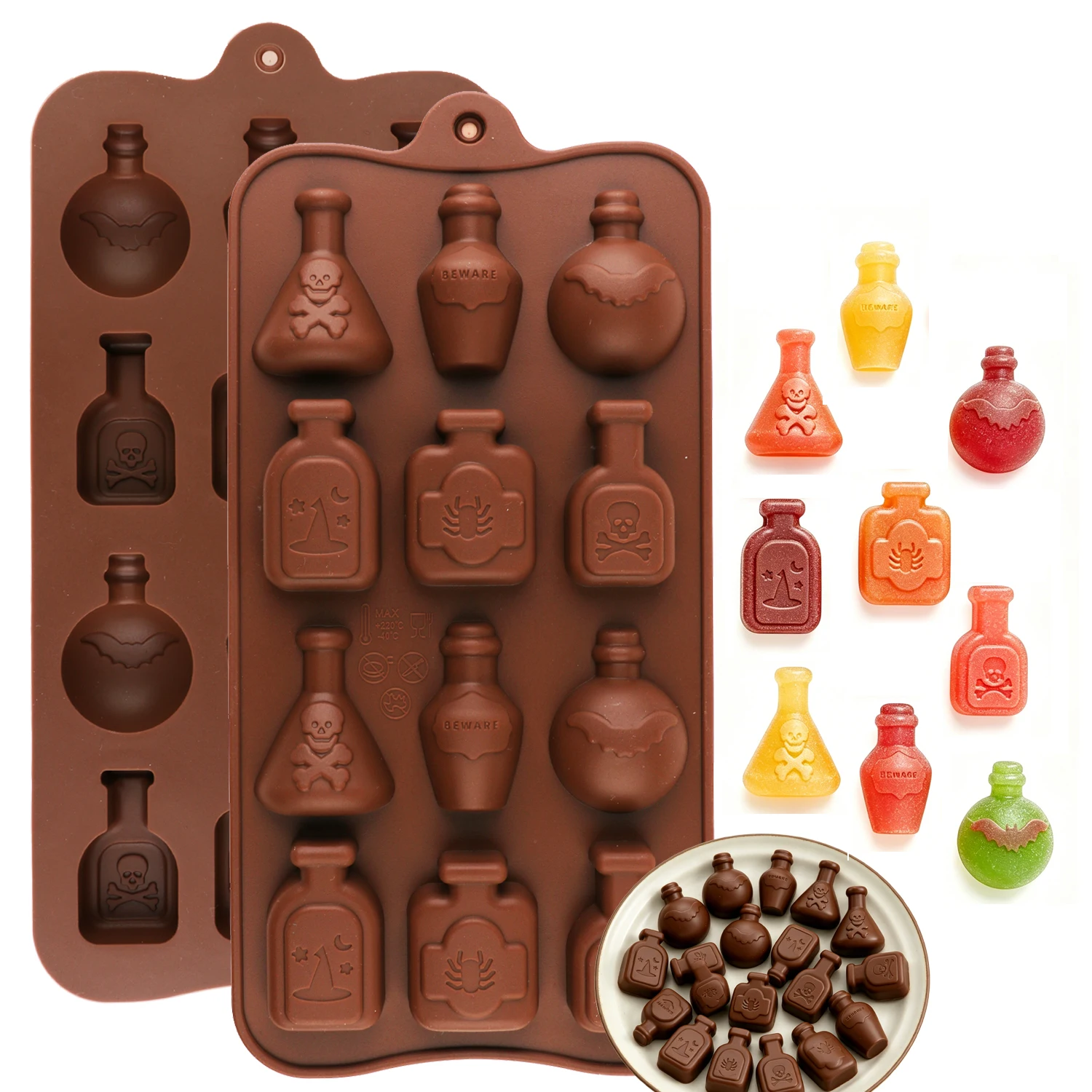 Halloween Witch Magic Potion Bottle Silicone Mold, with Skull, Bat and Other Patterns, Chocolate Candy Mold, Resin DIY Baking Mold