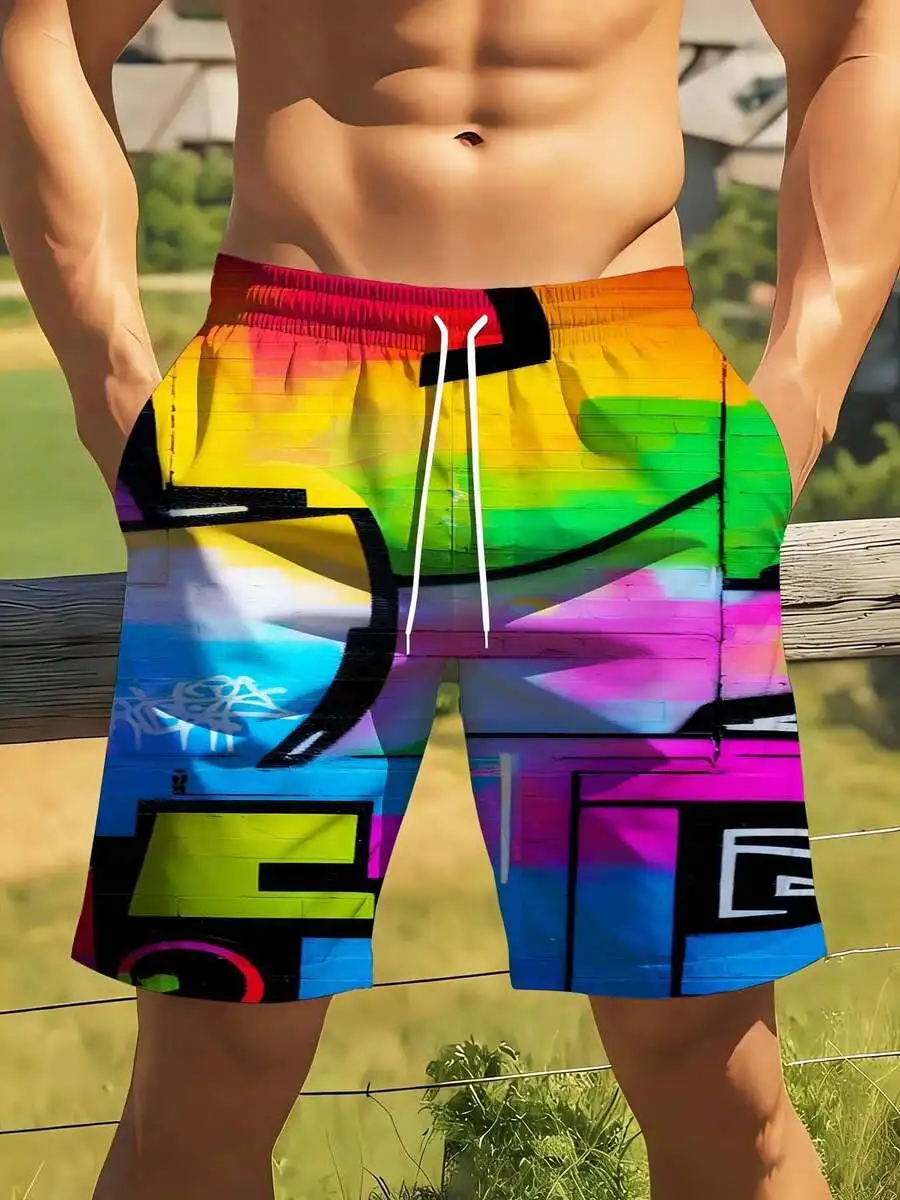 

Mens Colorful Graffiti Print Swim Trunks Quick Dry Beach Shorts Summer Outdoor Fashion