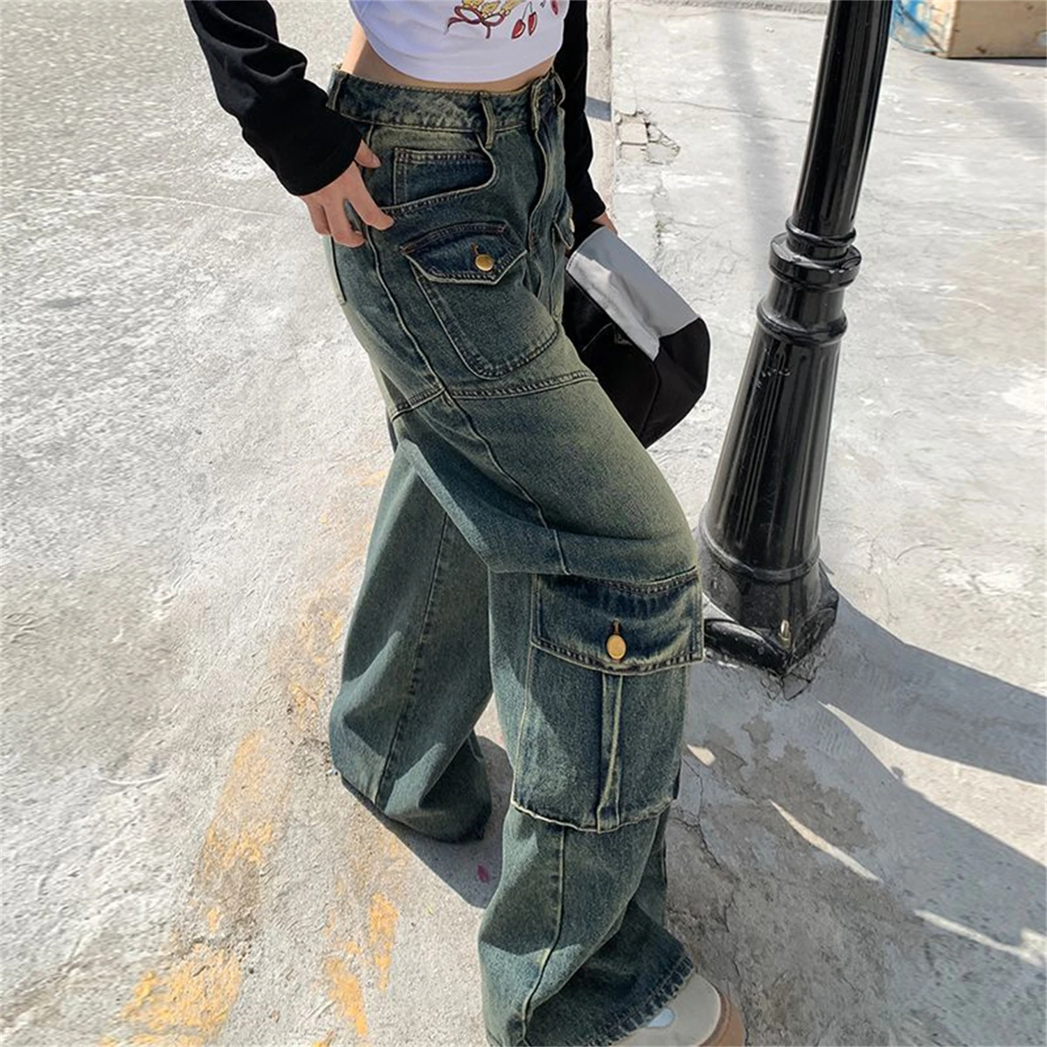 

Women's High Waist Wide Leg Blue Cargo Jeans Multi - Pocket Vintage Washed Y2K Streetwear Retro Denim Trousers