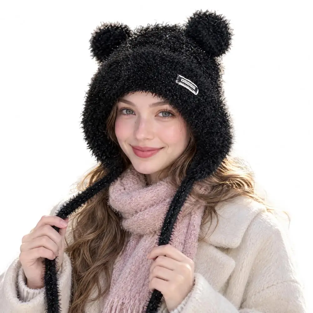 Winter Warm Knit Hat Winter Plush Knitted Hat for Women with Bear Ears Elastic Thermal Cap Soft Windproof for Weather for Winter