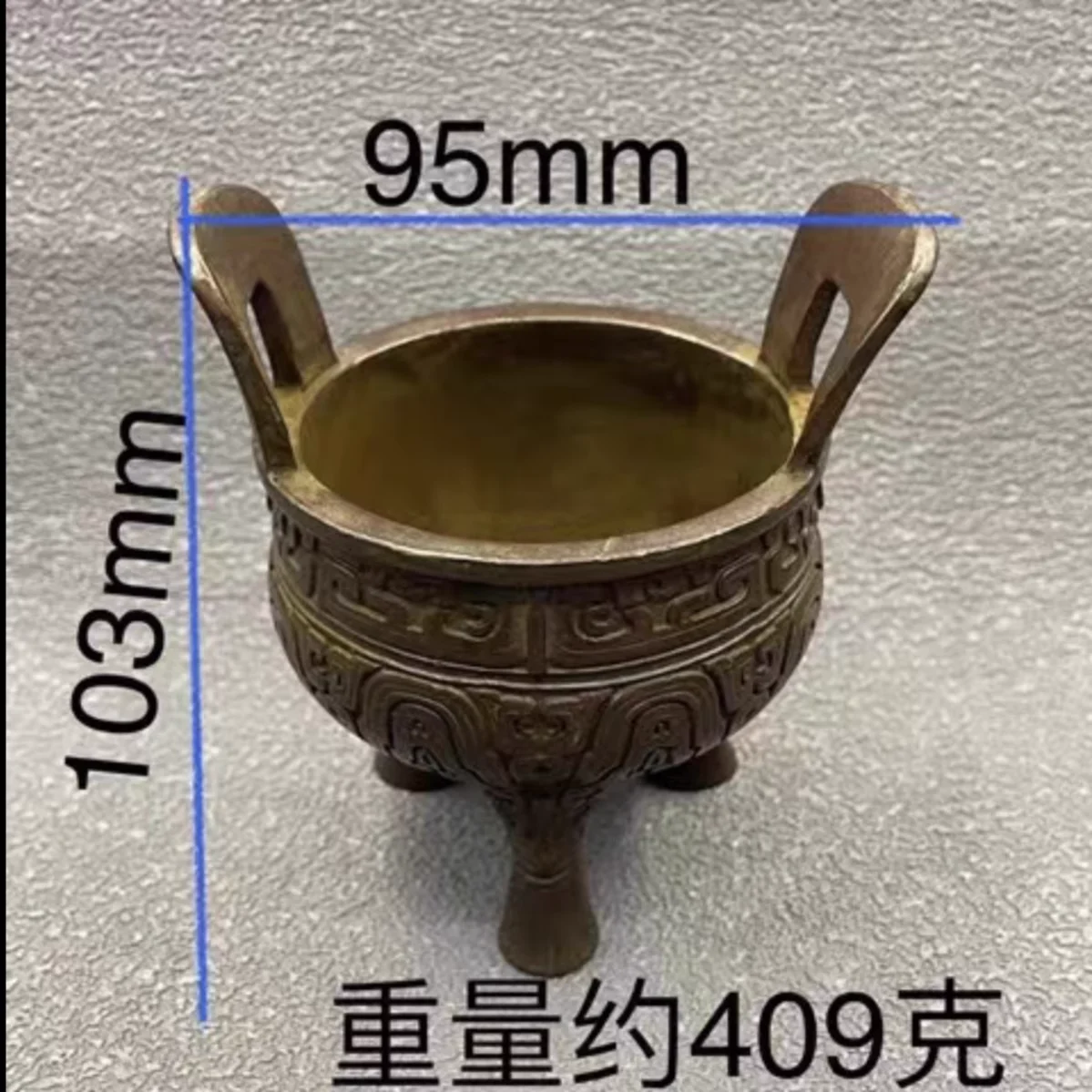 Three legged bronze tripod with animal face decoration ear filling incense burner home decoration