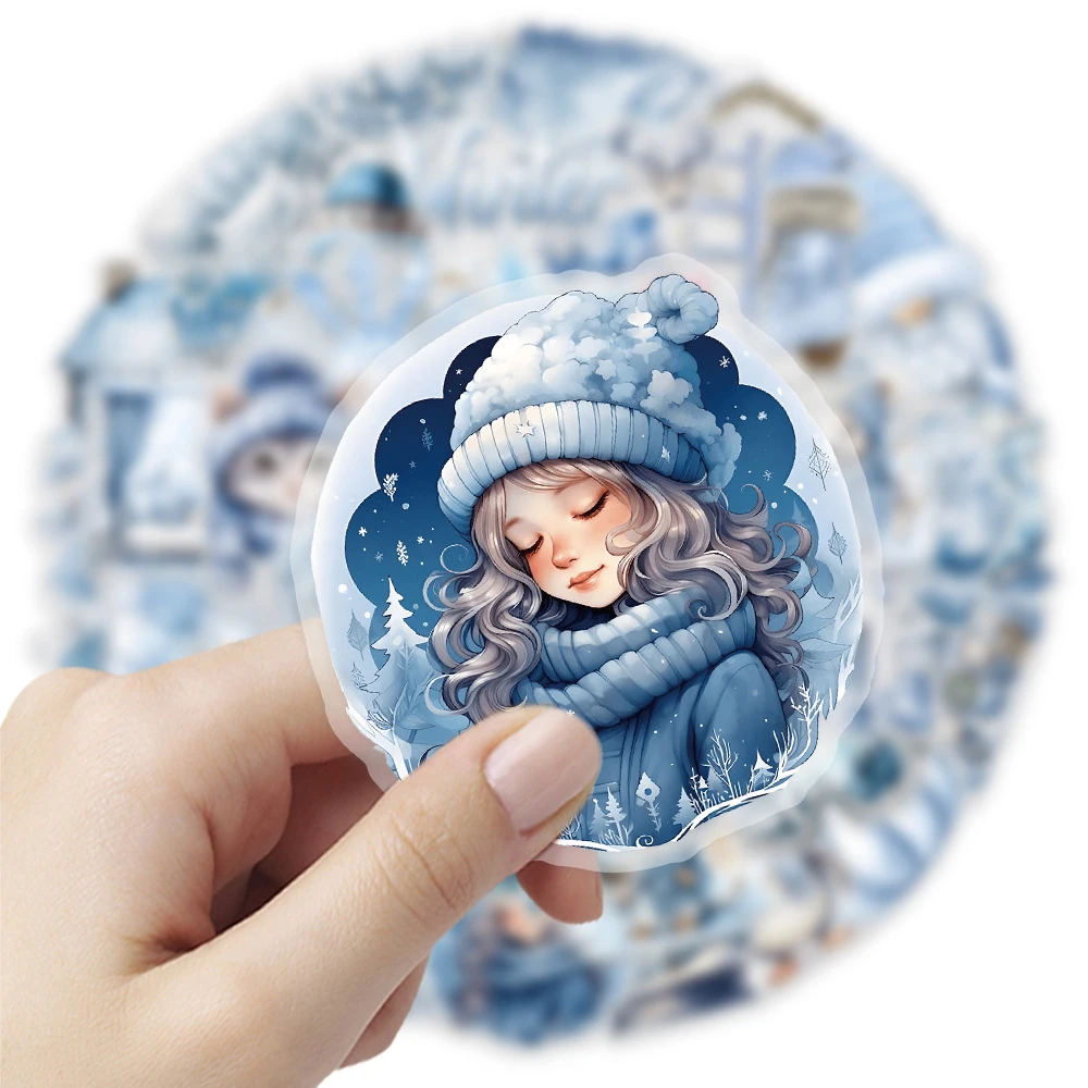 

10/30/50pcs Watercolor Winter Blue Aesthetic Stickers Transparent Cartoon Decals DIY Scrapbook Suitcase Phone Graffiti Sticker