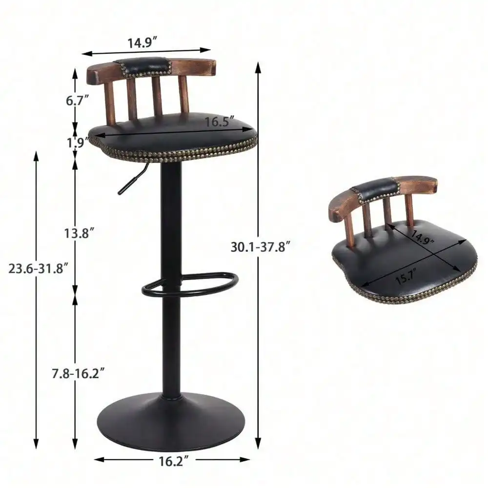Кожаные барные стулья, набор из 2 черных вращающихся барных стульев с регулируемой высотой