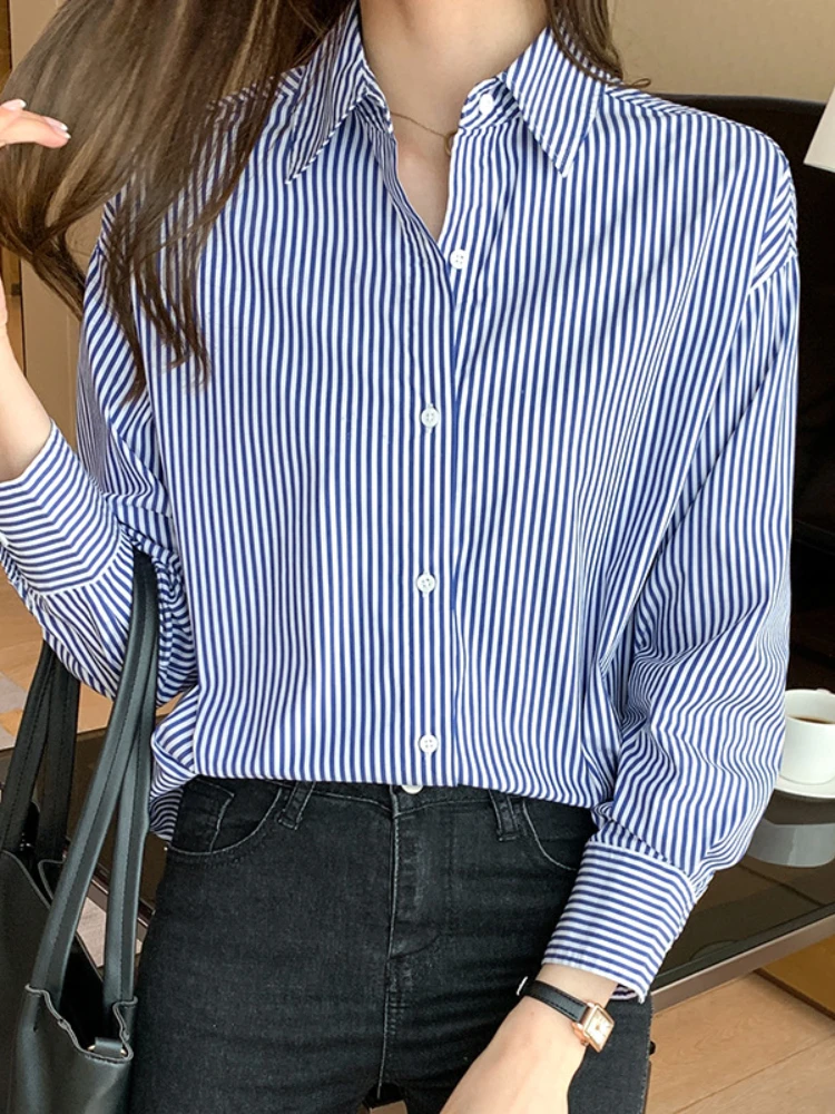 2024 Trends Summer New Women\'s Striped Shirt Korean Fashion Elegant Loose Ladies Blouses with Buttons Long Sleeve Women Tops