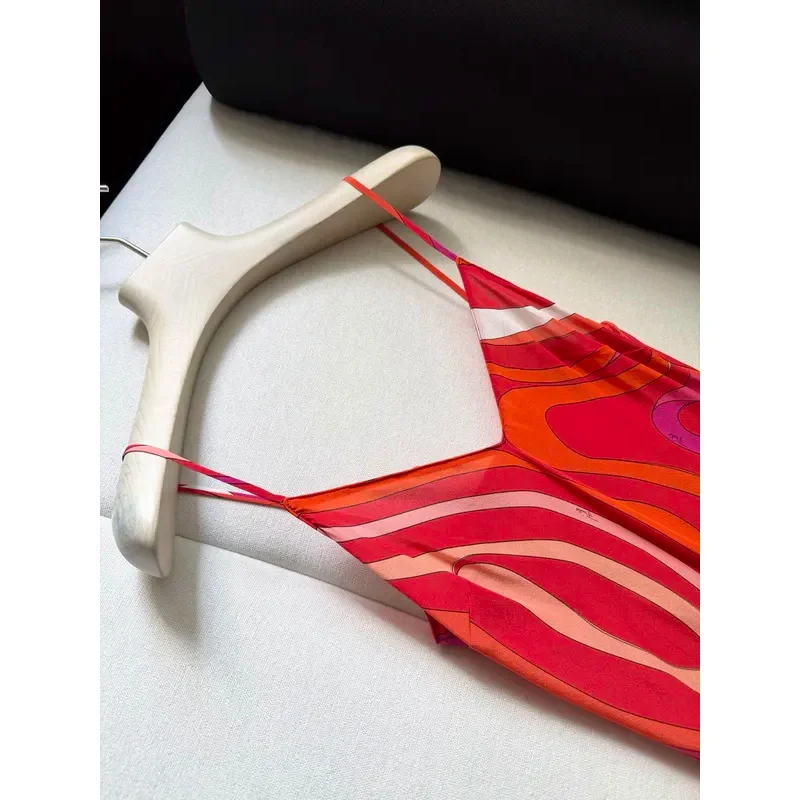 2026 Women V-neck Red Geometric Pattern Suspender Silk Slit Long Dress
