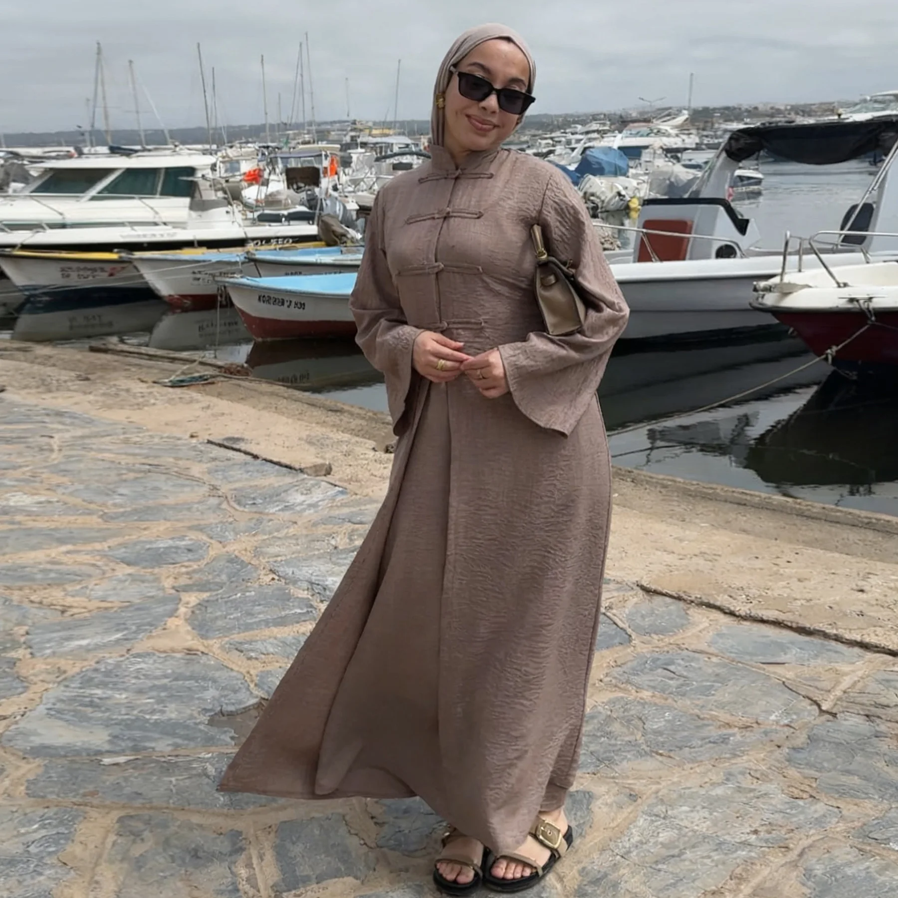 Muslim Women 2 Piece Abaya Set Open Front Cardigan Inner Dress with Chinese Knot Buttons Long Sleeve Modest Outfit