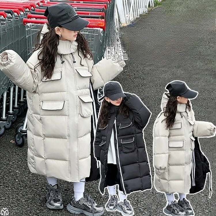 

Зимняя плотная хлопковая куртка для девочек-подростков, новинка 2023 года, длинная верхняя одежда в западном стиле для больших детей, рабочая одежда с несколькими карманами для младших детей, пальто