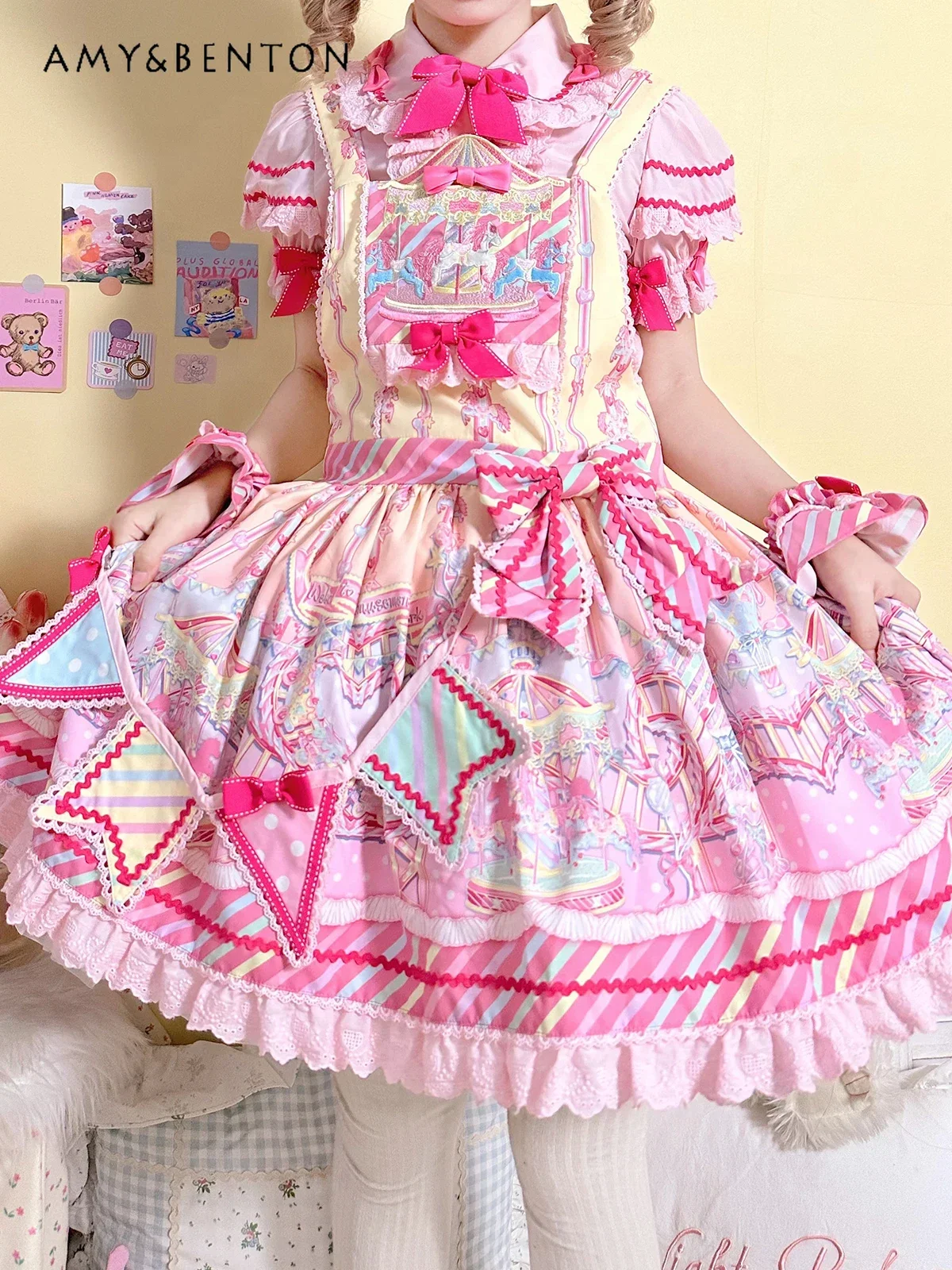 

Candy Amusement Park JSK Sweet Lolita Dresses Cute Kawaii Bow Cartoon Printed Patchwork Slim Ball Gown Dress Mini Summer Dress