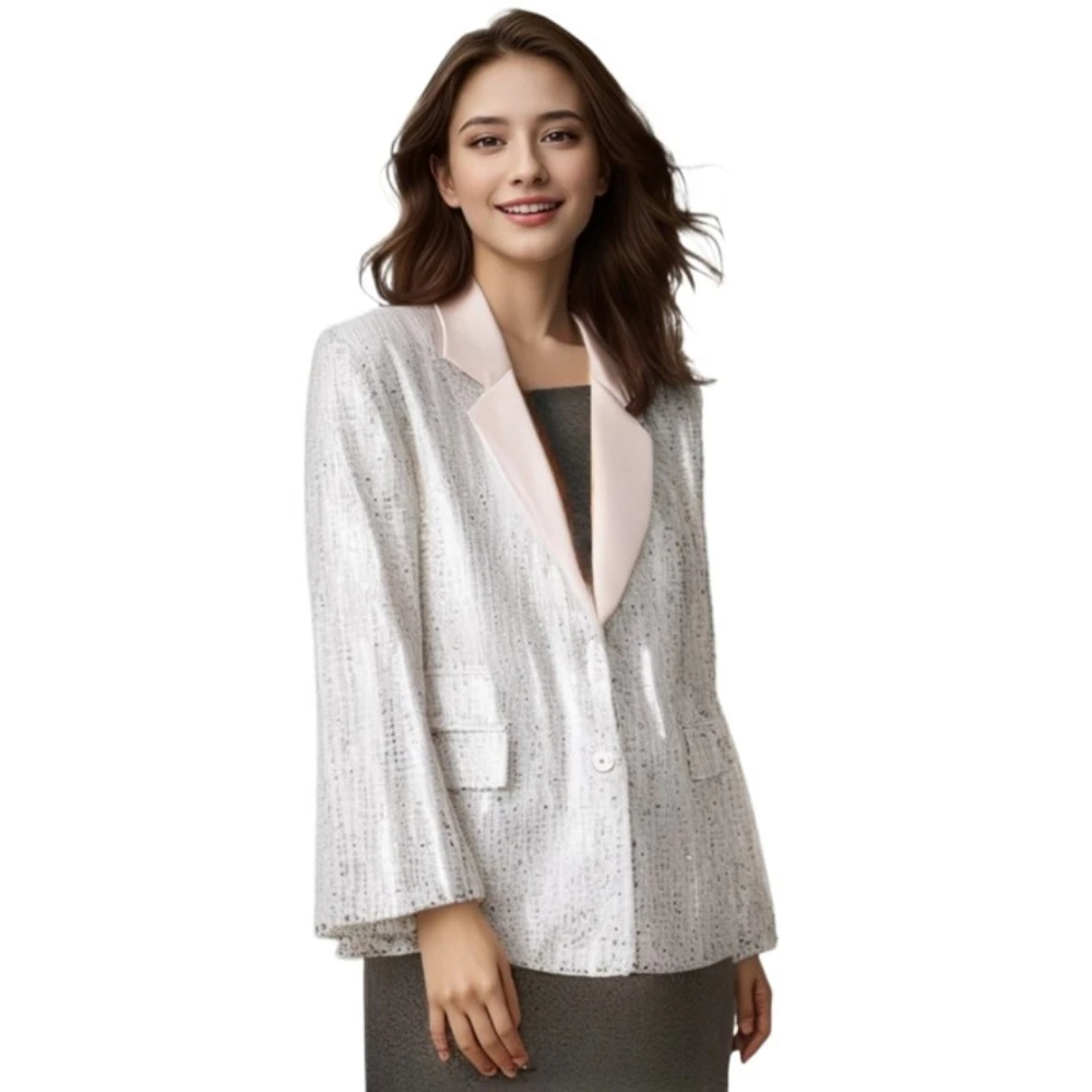 Wiosenne nowe damskie marynarki z cekinami Casual Lapel Long Sleeve Silver Shiny Blazers Suits Coast Fashion Femme Clothes Tops