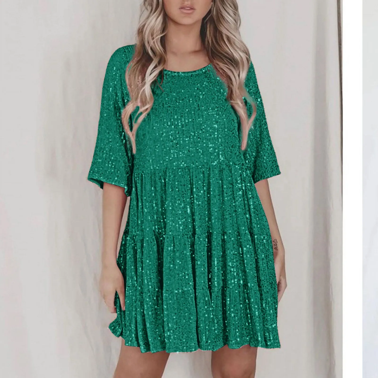 

2024 Sequin Dress for Women Long Sleeve Round Neck Pleated Sparkly Glitter Mini Dress Elegant Wedding Cocktail Party Dresses