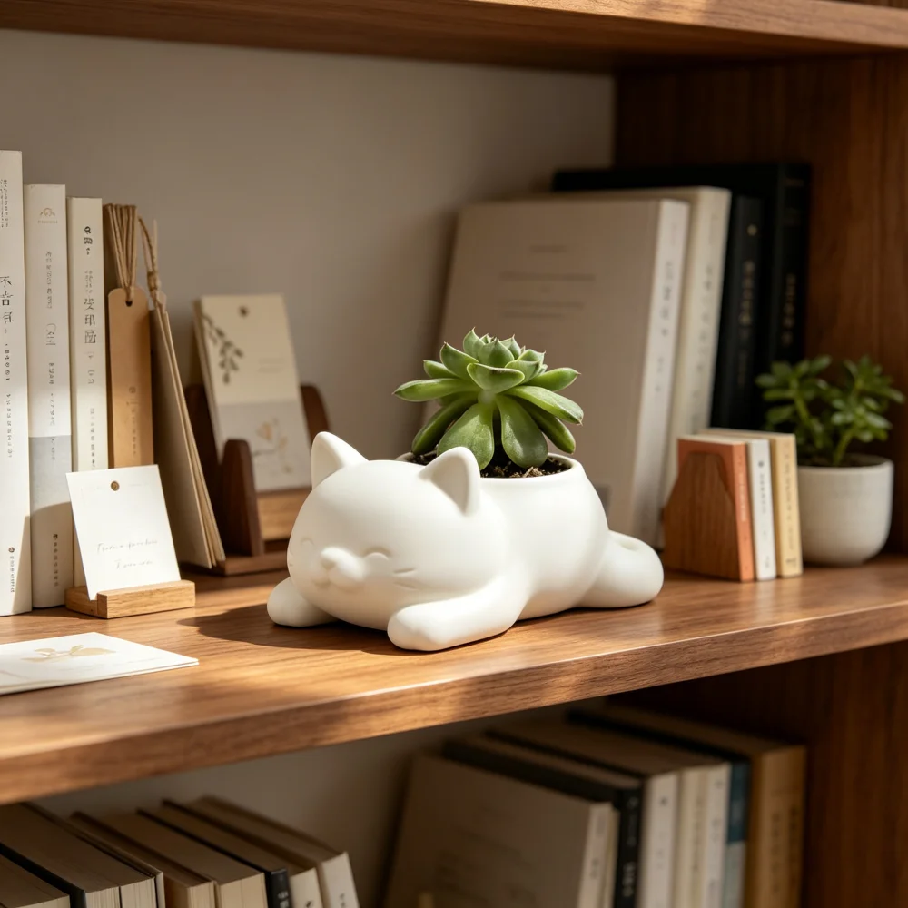 Cute Lying Cat 3D Printed Planter Pot Small Animal Shaped Flower Pot Desktop Bonsai Container Decor for Home Mini Plant Vase
