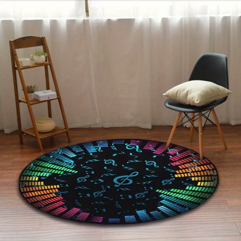 Colorful Music Notes Equalizer Round Rug Flannel DJ Party Decor for Bedroom Gaming Room Audio Visual Themed Floor Mat
