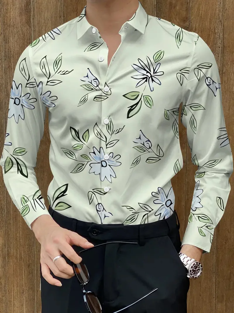 Hawaiian Flower Pattern Men's New Shirt Men's Long Sleeve Shirt Comfortable Flip-over Animal Top Shirt