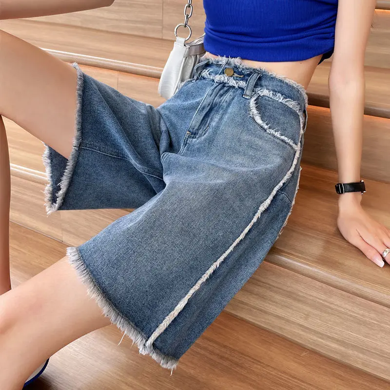 

Five Point Denim Shorts Thin Summer Women's High Waisted Slim A-line Raw Edge Shorts Casual Loose Straight Wide Leg Short Pants