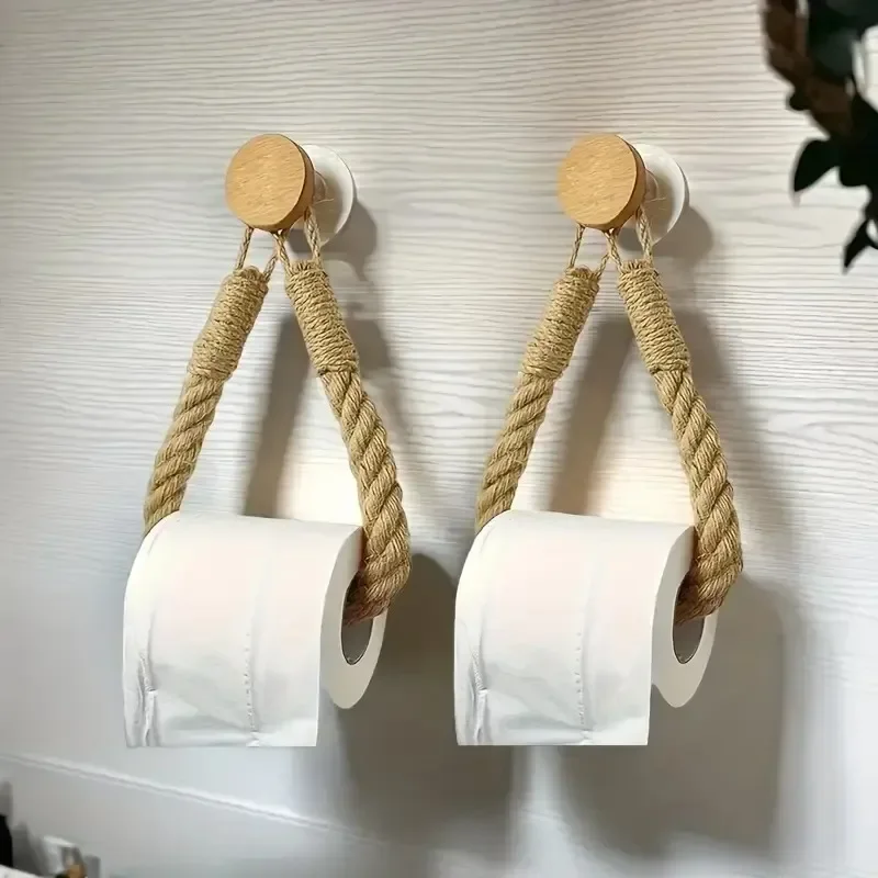 

1-10PCS Vintage Rope Toilet Paper Holder No Drilling Rustic Bathroom Storage Rack Self Adhesive Towel Rack for Home Hotel