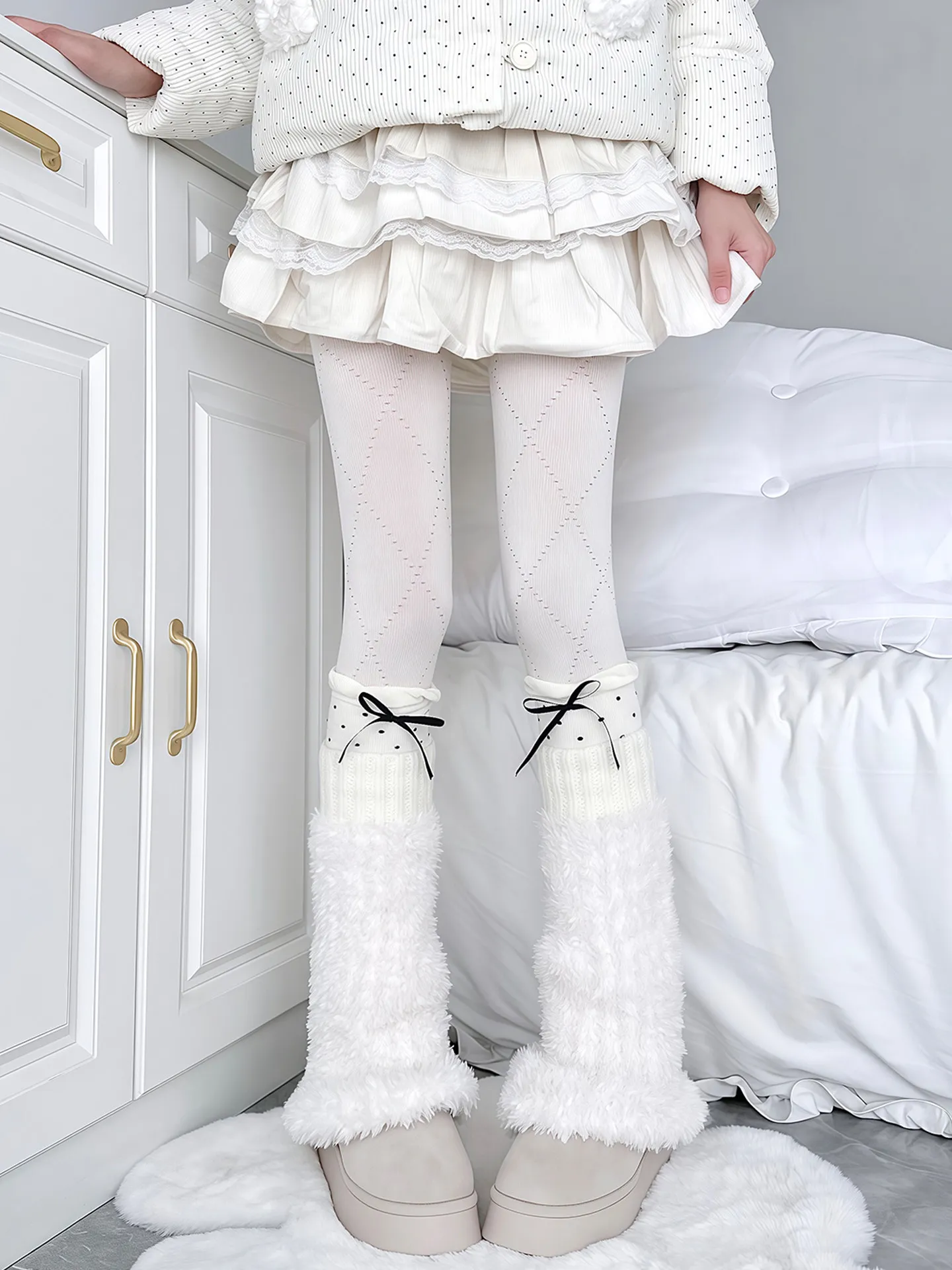Hairy Stacked Polka Dot Bow Calf Socks Y2k Socks Knot Plush Leg Warmer White Plush Leg Cover Female Leg Warmers