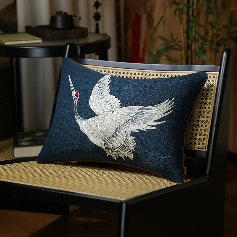 

Luxury Chinese Embroidered Cranes Cotton Pillow Cover Yellow Decorative Sofa Cushion Case Artistic Living Room Home Accent