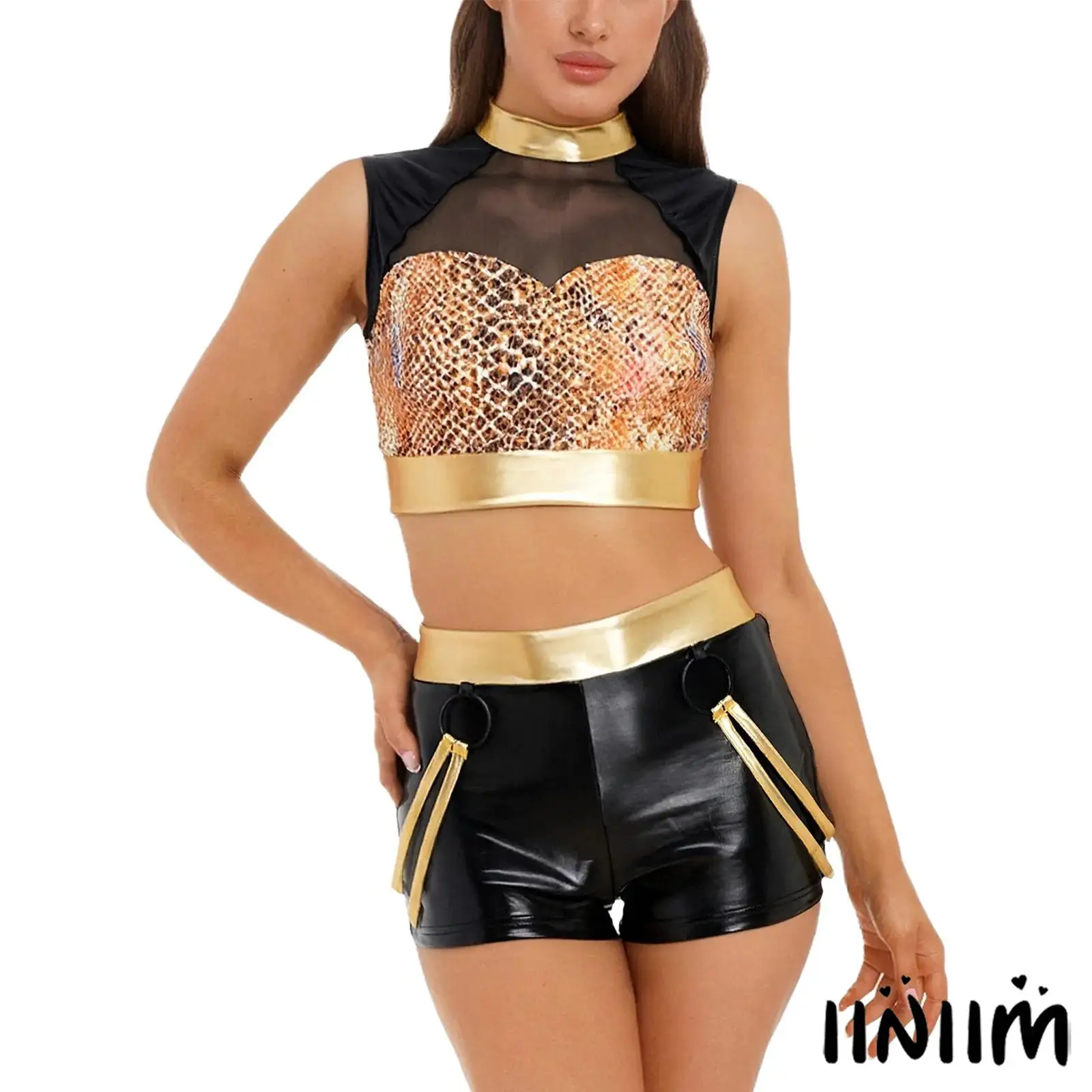 

Womens Metallic Shiny Clubwear Outfits Snakeskin Pattern Print Sheer Mesh Crop Tops+High Waist Shorts for Raves Disco Party