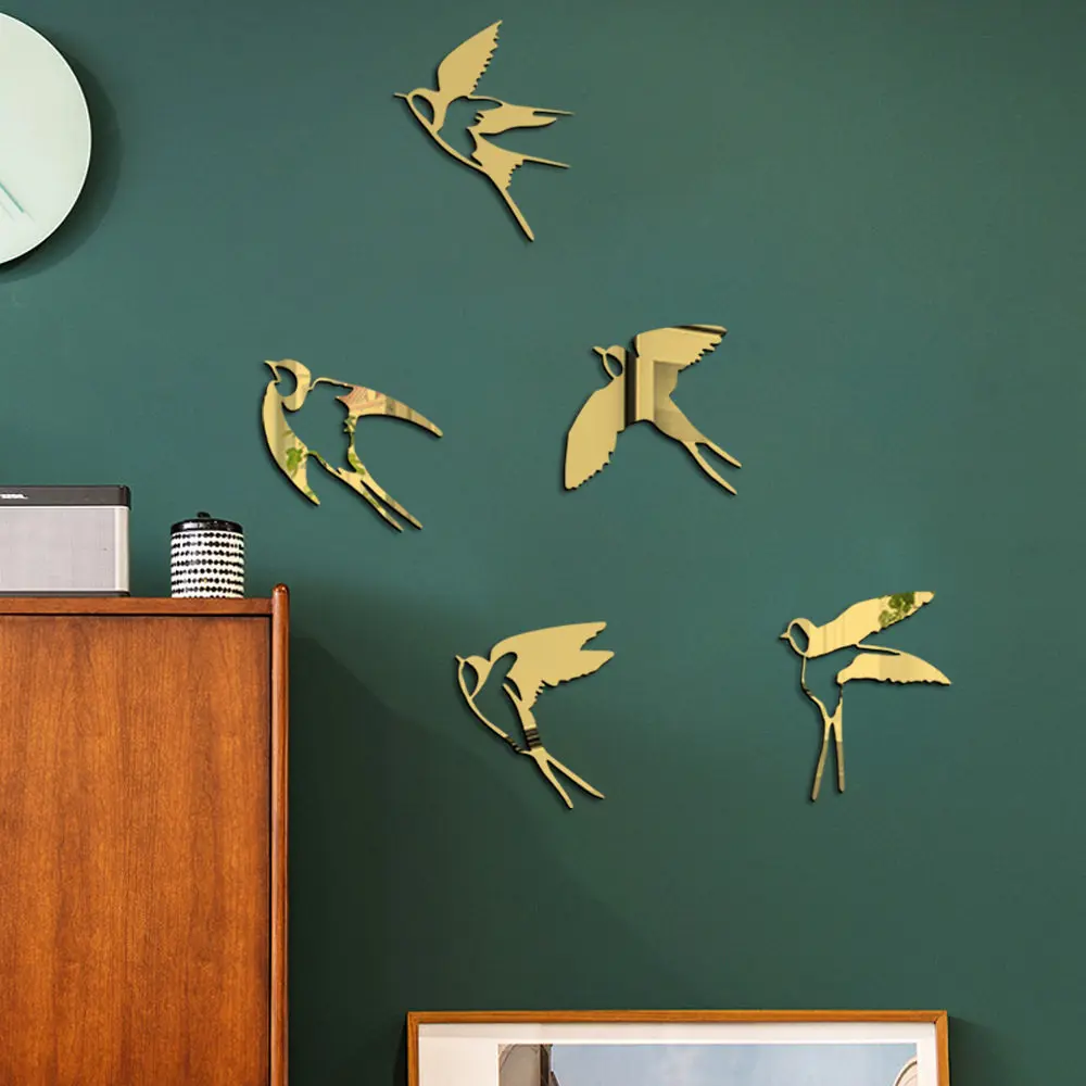 5pc/set Wall Sticker Swallow Decal Waterproof Self-adhesive Acrylic Mirror Sticker For Living Room TV Sofa Background Wall Decor