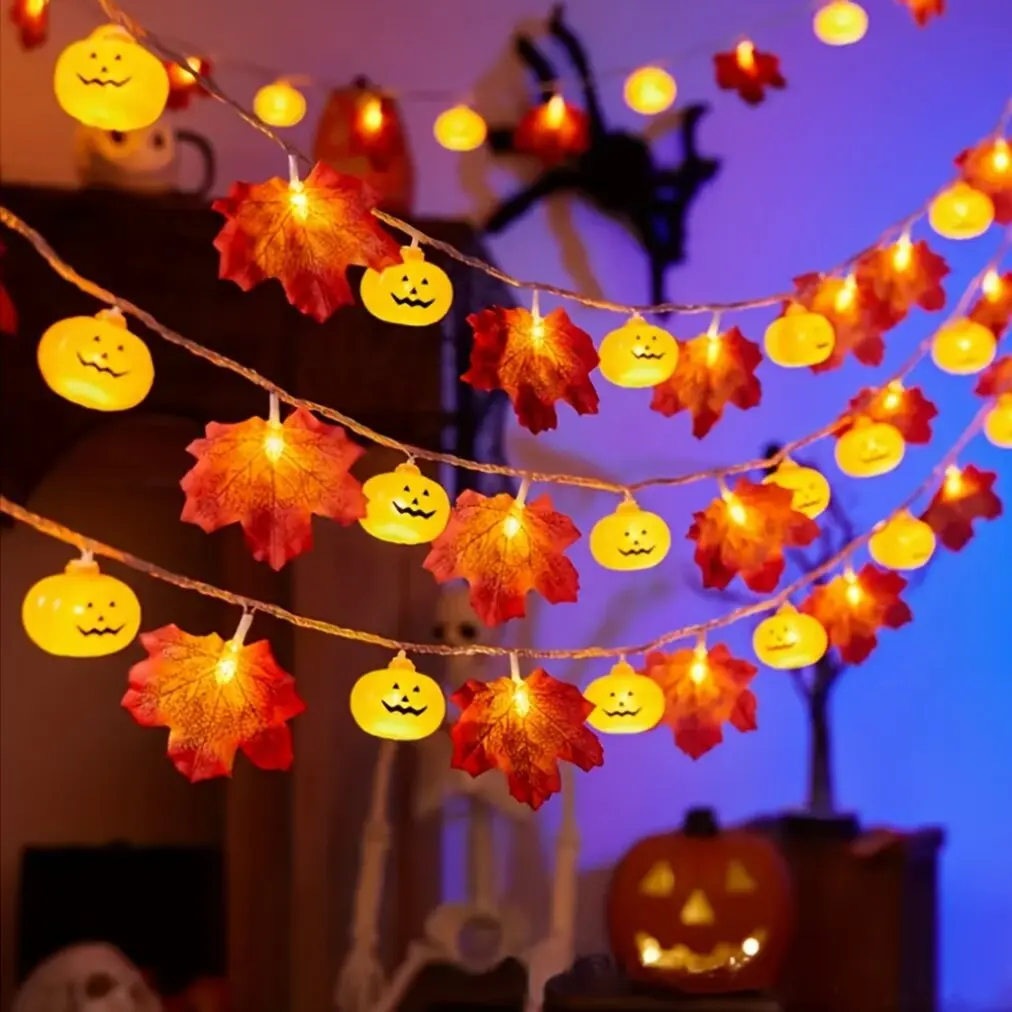 10/20LED Pumpkin Maple Leaf String Lights,59/118In Long Perfect for Room Fireplace Party Fall Halloween Thanksgiving Decorations
