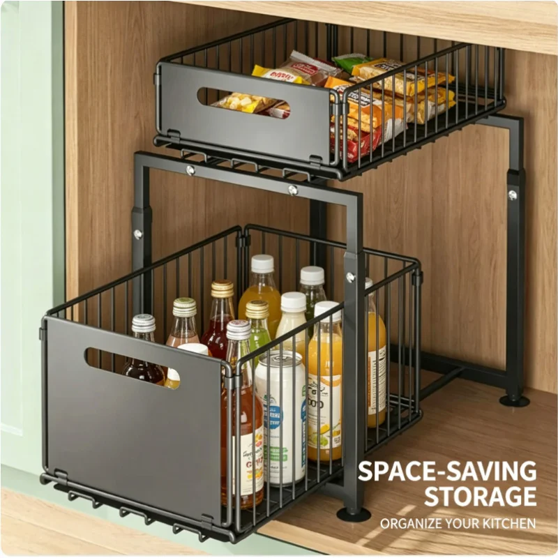 

Pull Out Kitchen Cabinet Organizer 2 Tier Sliding Under Sink Storage Basket for Spice Bottle Can Snack
