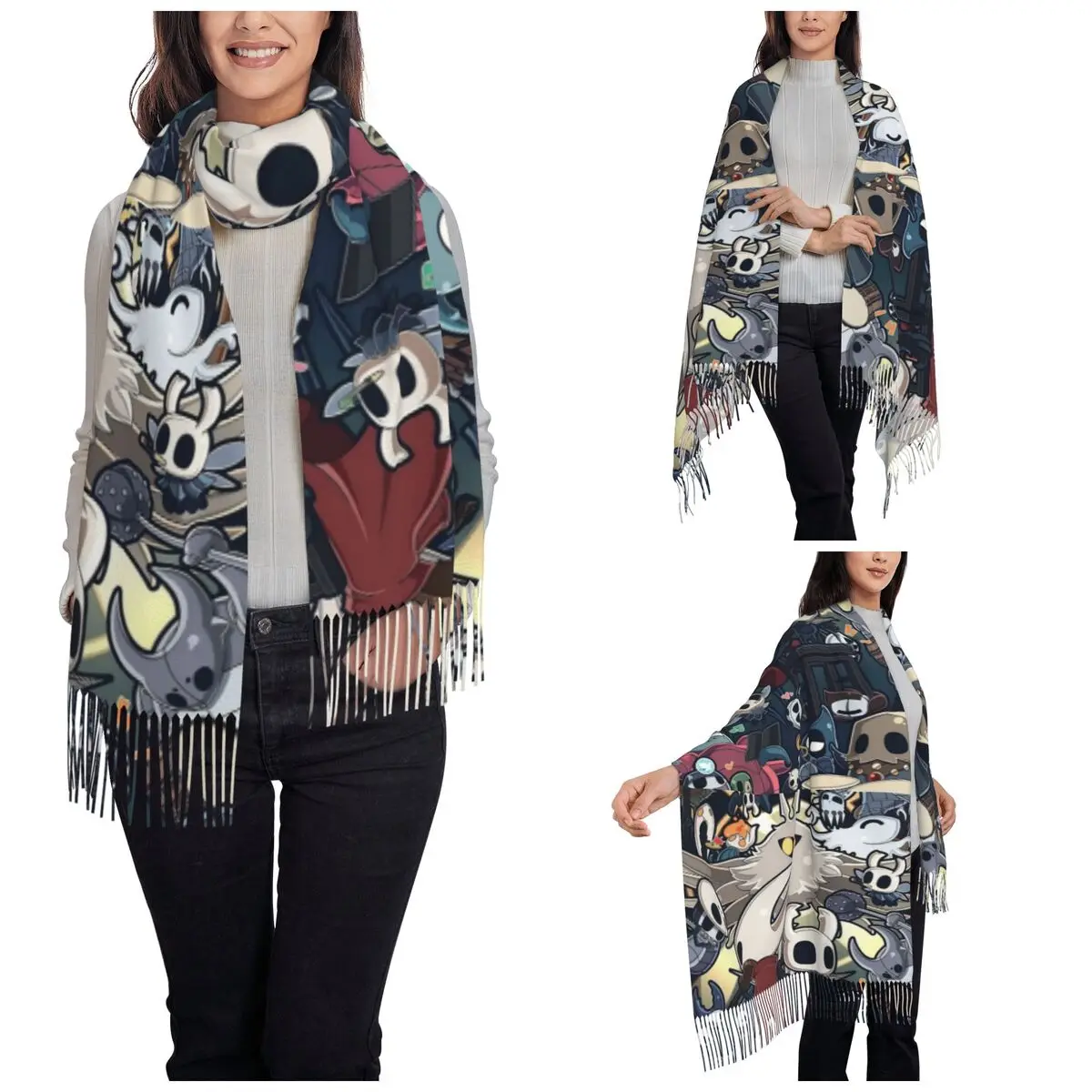 Hollow Knight Silksong Shawl Wraps Women Winter Warm Large Soft Scarf Pashminas Tassel Scarves