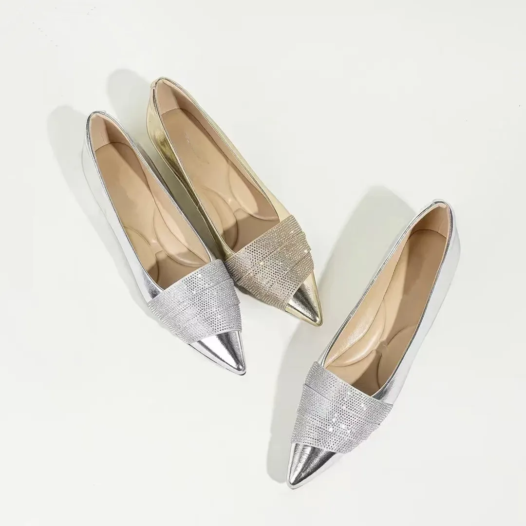 Mixed Colrs Metal Toe Flats Bling Shoes Fashion Slip-Ons Pointy Shallow Mouth Wide Fitting 43-34 Gold Silver