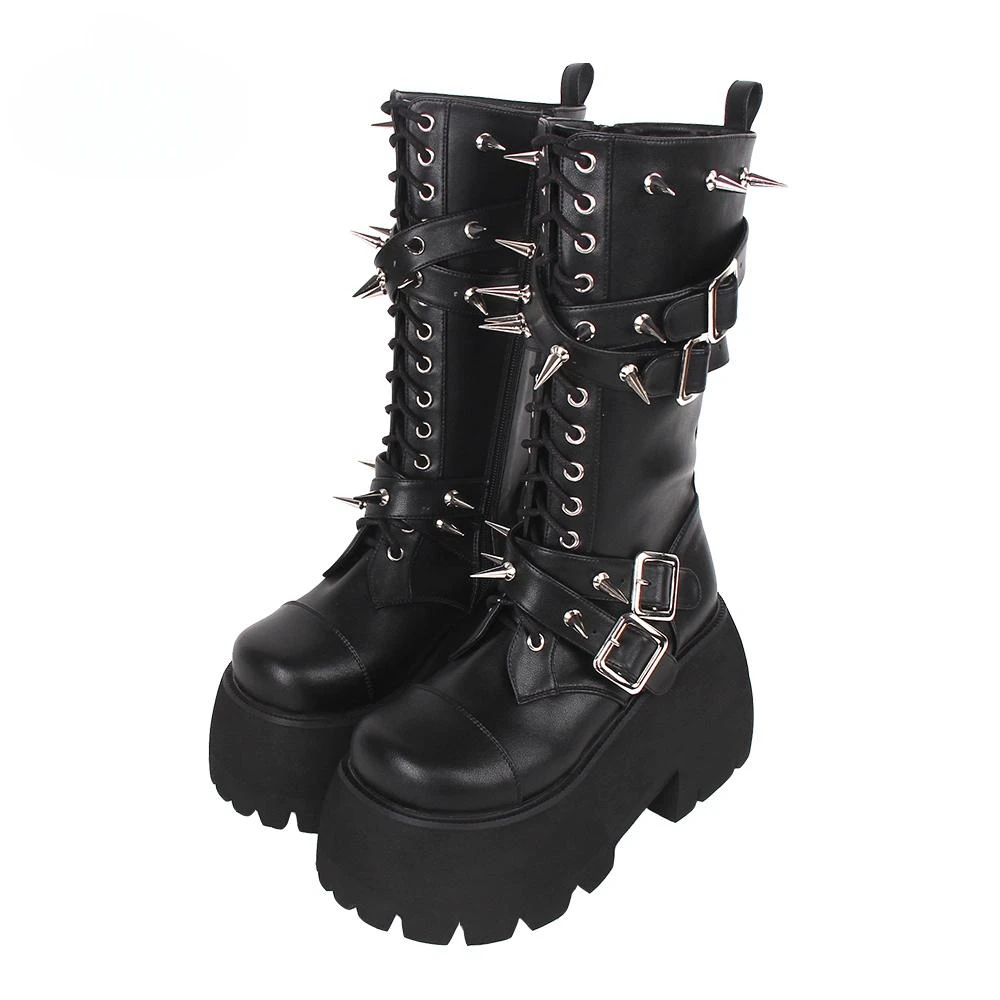 Winter Dark Punk Style Gothic Lolita Short Lolita Boot Super High Heel 10cm Hurajuku Japanese Riding Buckle Women Platform Boots